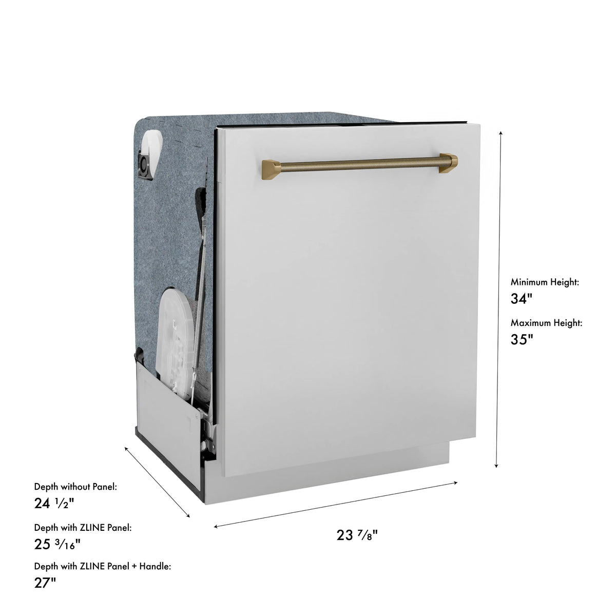 Built-in dishwasher with white front panel and champagne bronze handle, side view