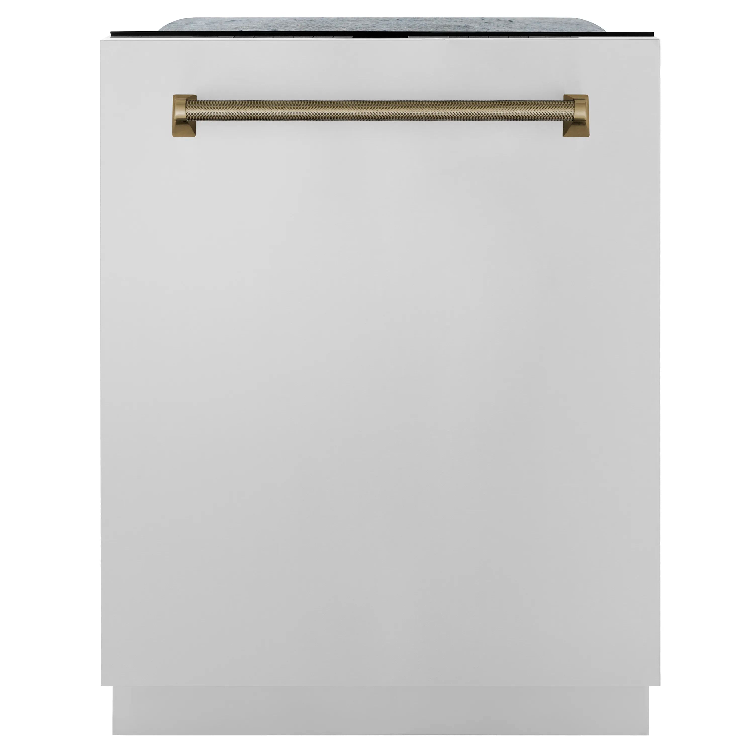 Dishwasher front with a champagne bronze horizontal handle bar