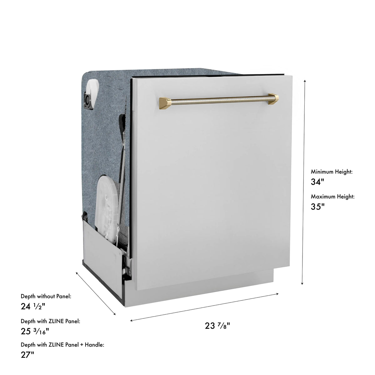 Front view of a built-in dishwasher with gold helix handle