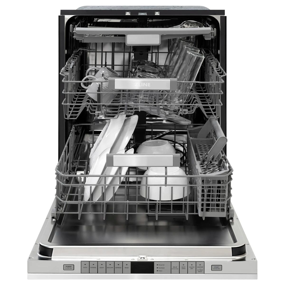 Open dishwasher with upper rack and third rack loaded with dishware