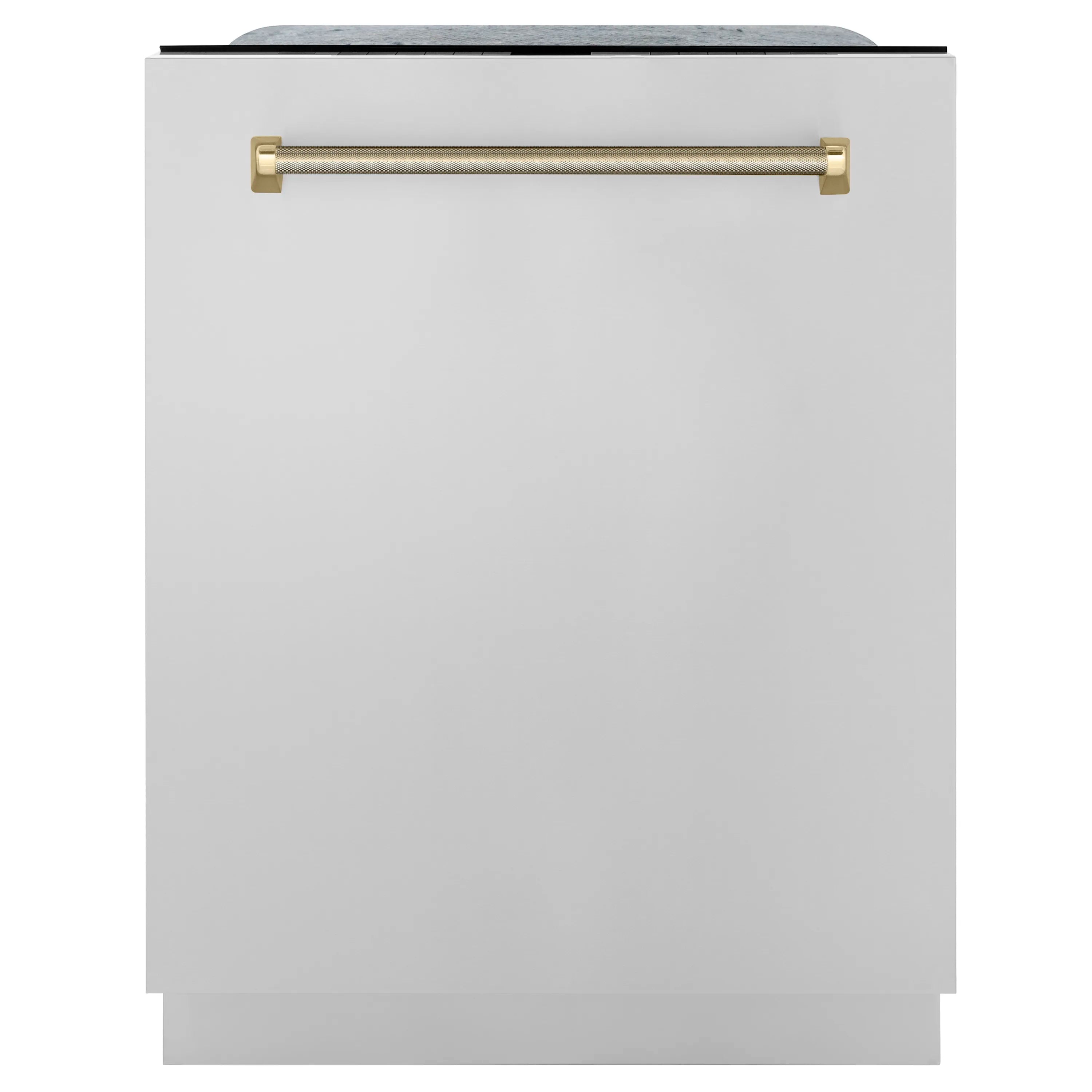 Dishwasher front panel with polished gold helix bar handle