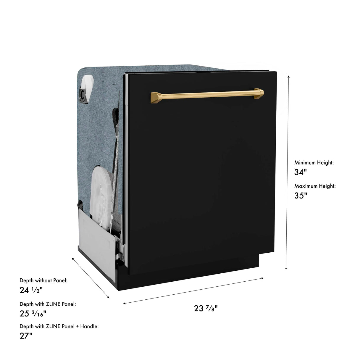 Tall dishwasher exterior in black matte with polished gold bar handle
