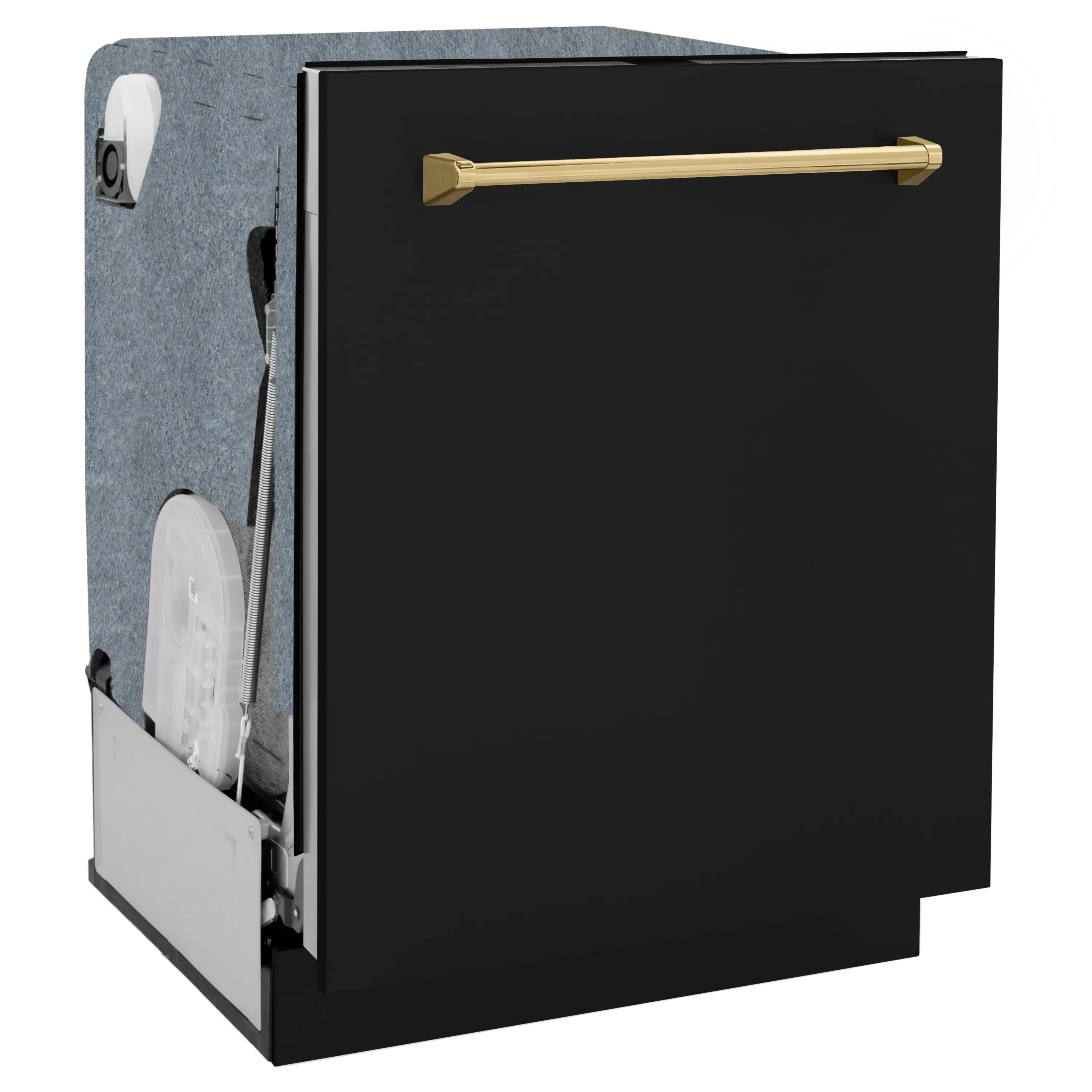 Black matte tall dishwasher door with polished gold bar handle