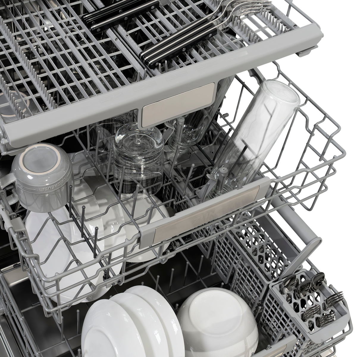 Dishwasher third rack holding stacked cups and stemware