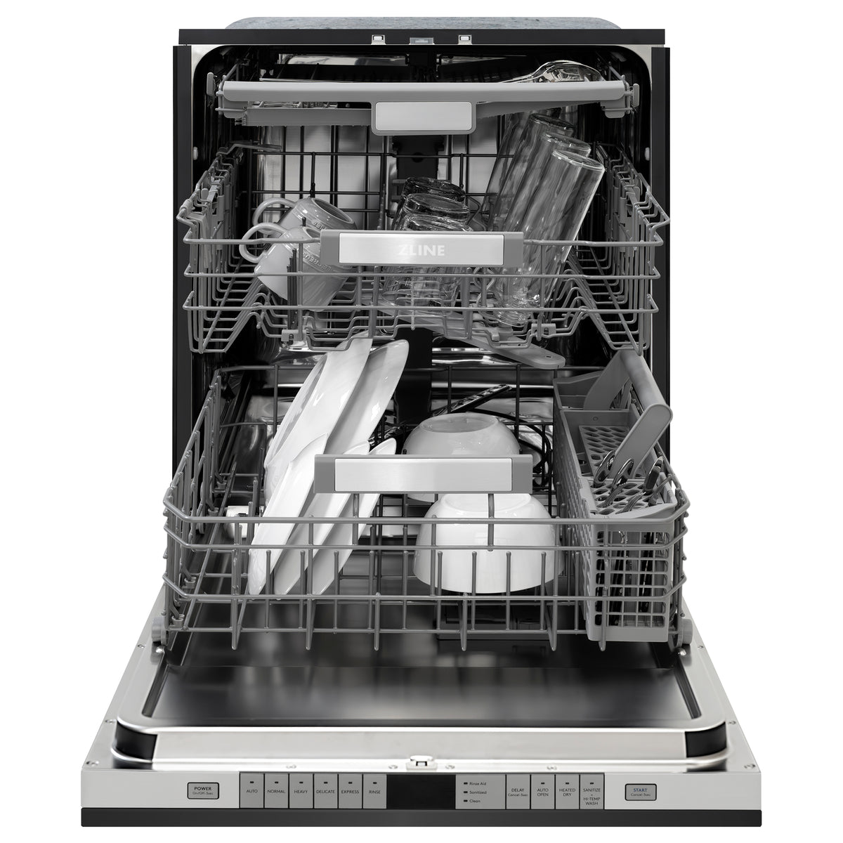 ZLINE dishwasher with front open door and loaded silver racks, outside view