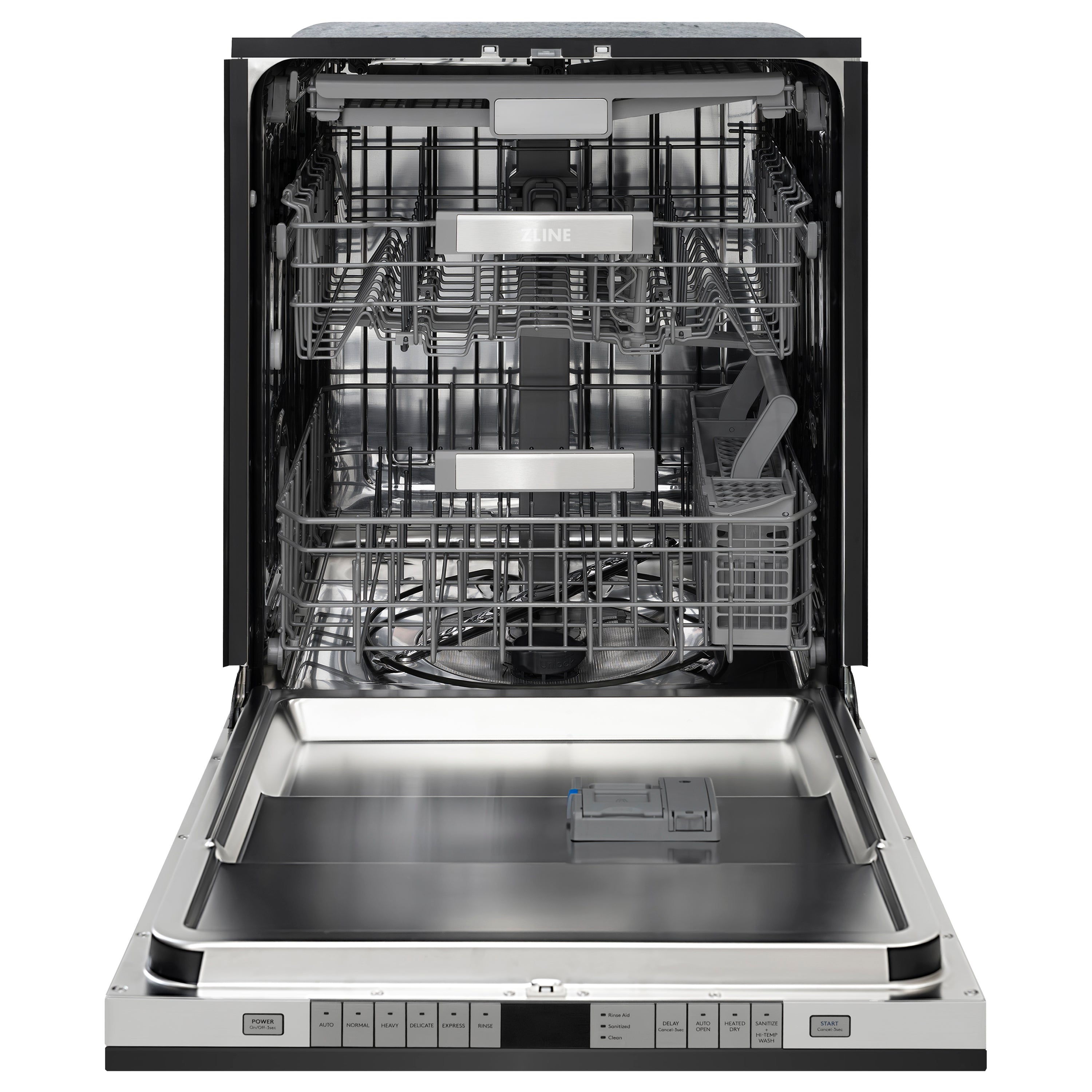 Open dishwasher with racks installed and interior spray components