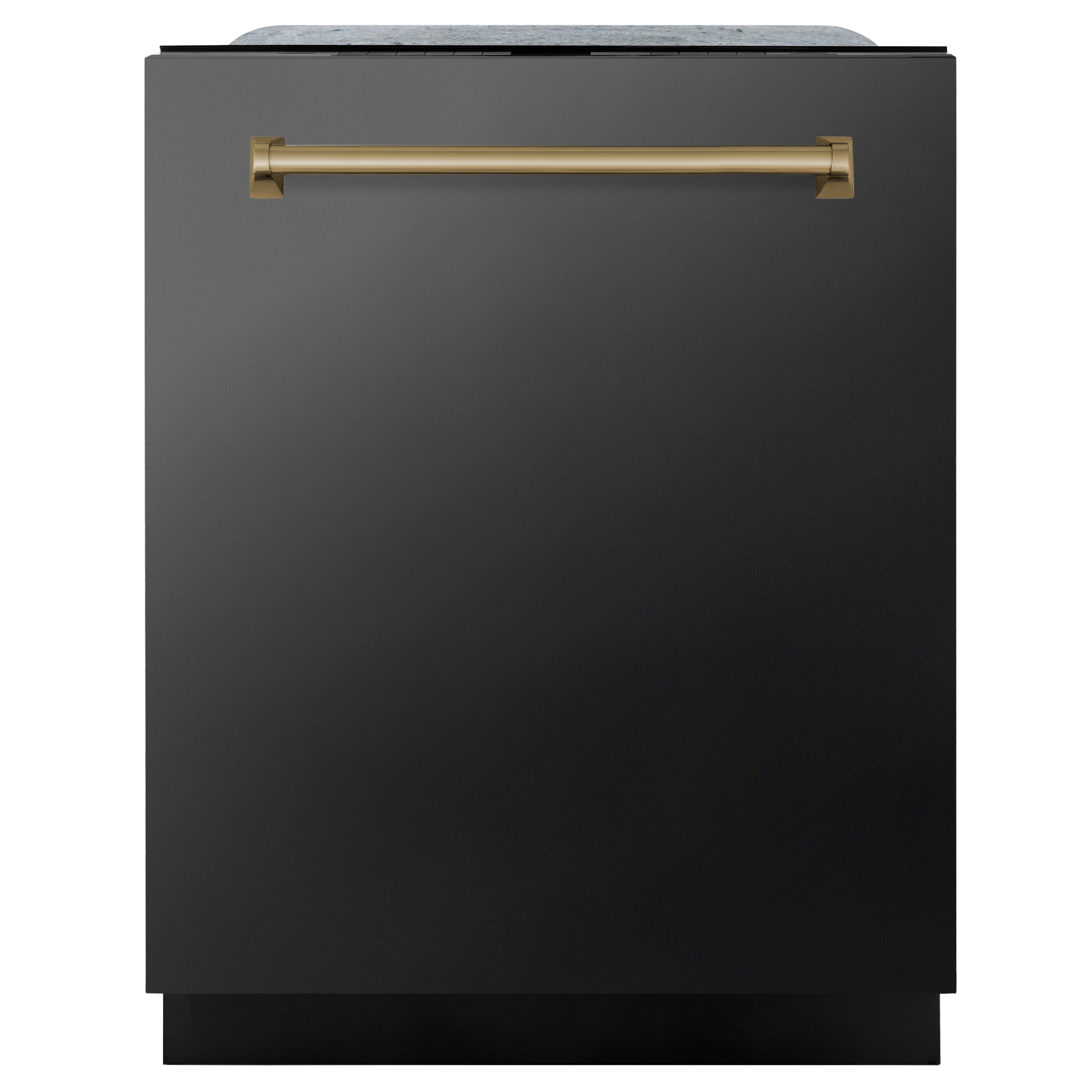 ZLINE dishwasher front door in matte black with champagne bronze handle bar