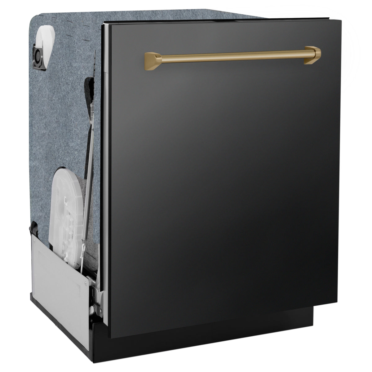 ZLINE dishwasher open side view with black door and champagne bronze handle