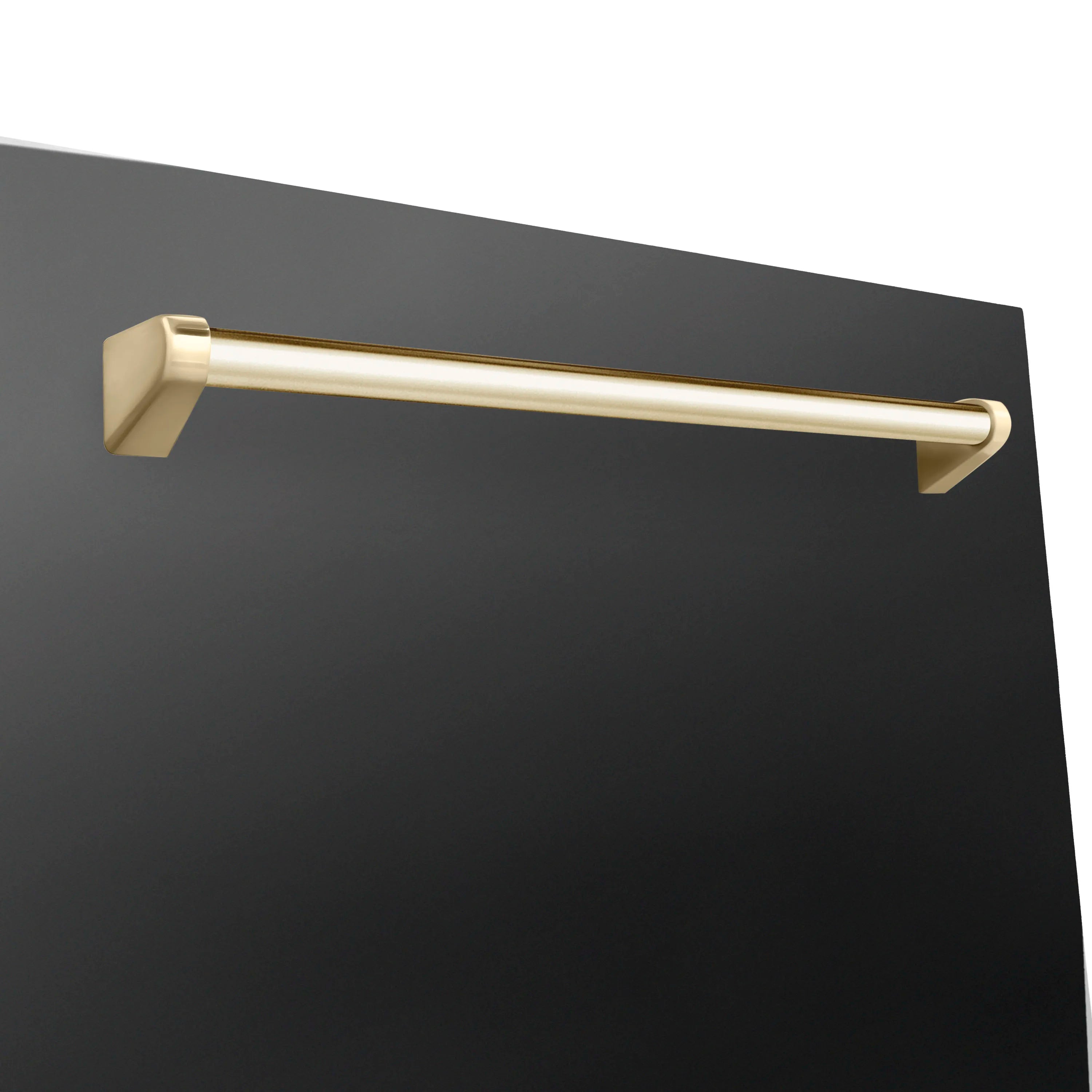 Gold pull handle on black stainless dishwasher door