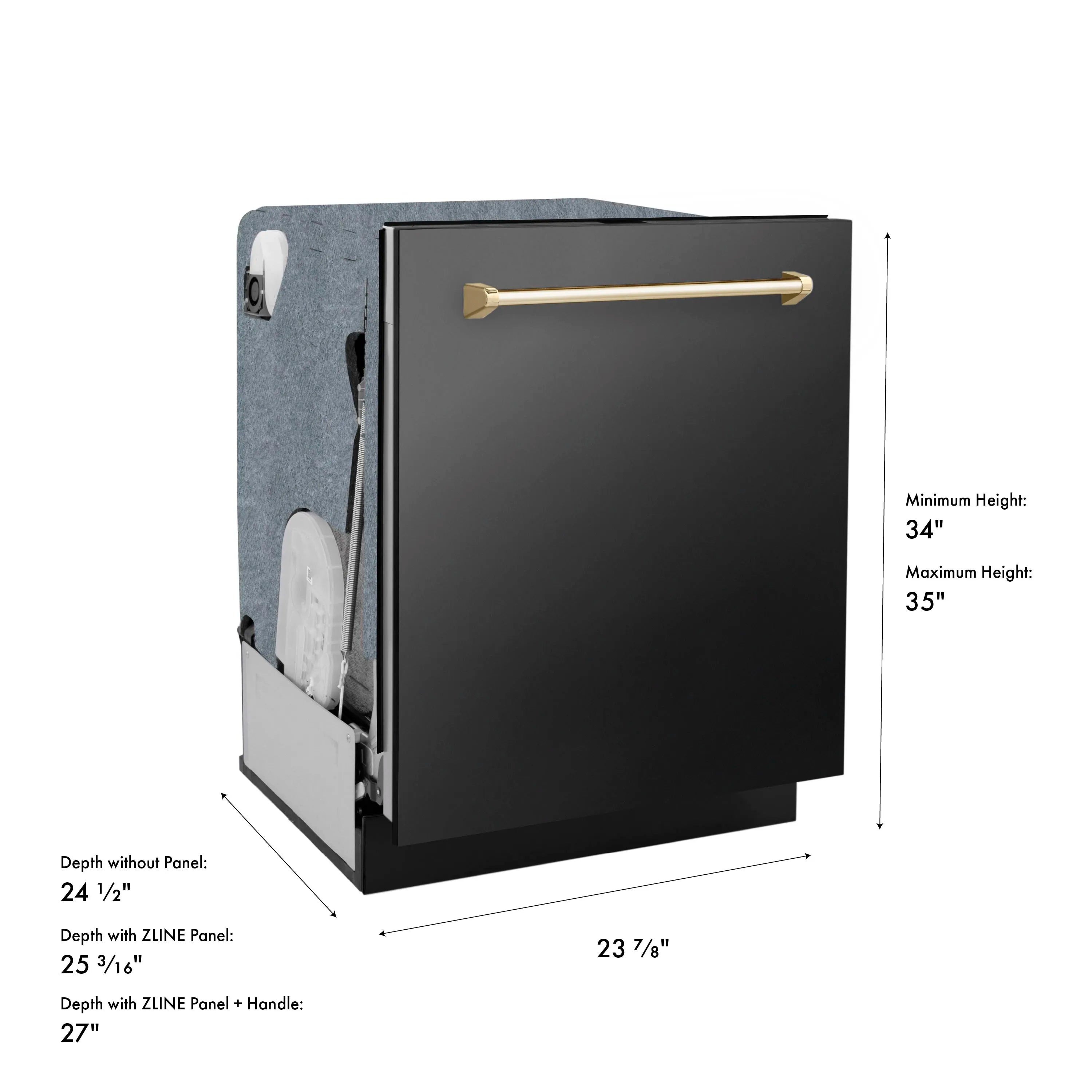 Black stainless dishwasher door with gold handle, open access, and height depth notes