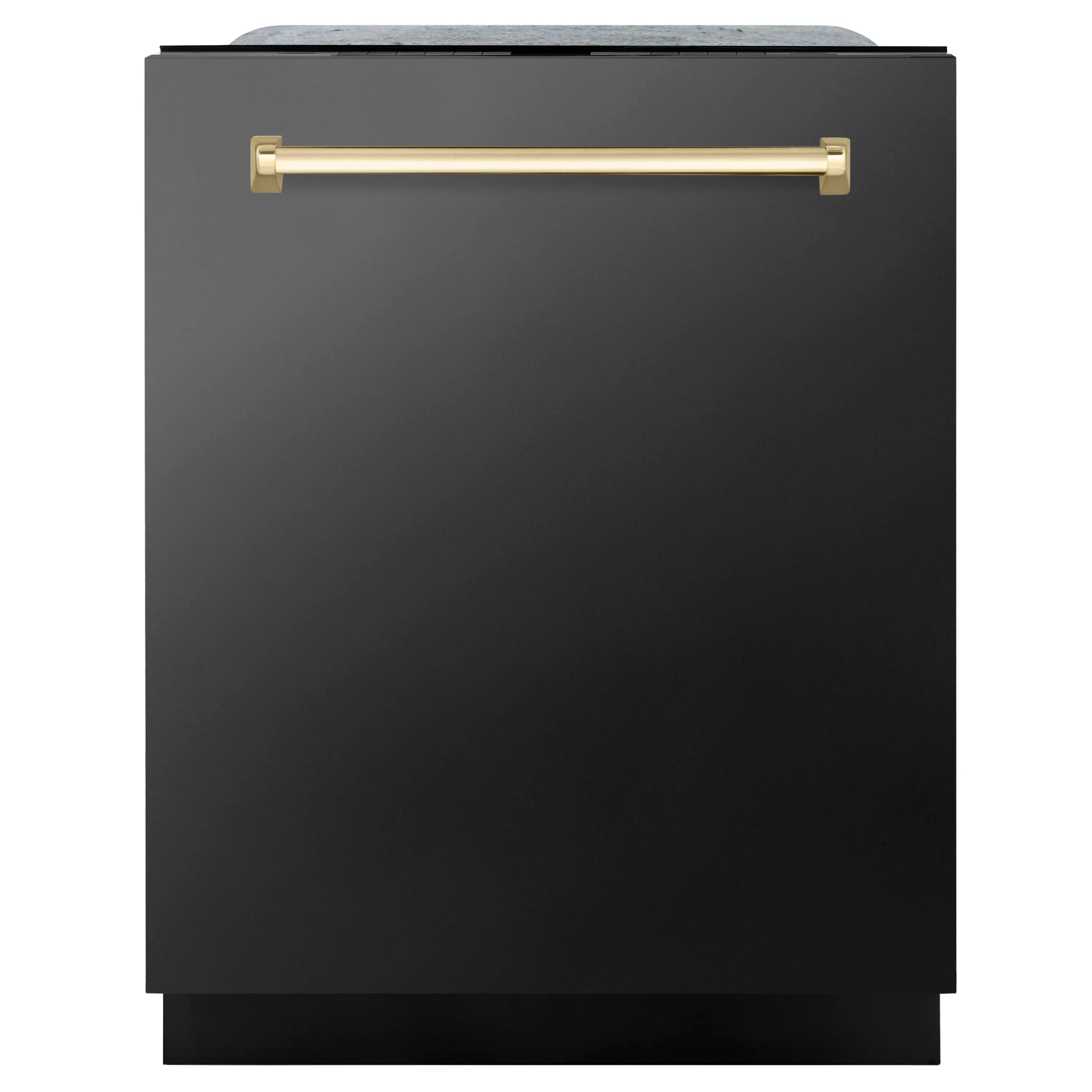 Black stainless dishwasher front door with gold bar handle