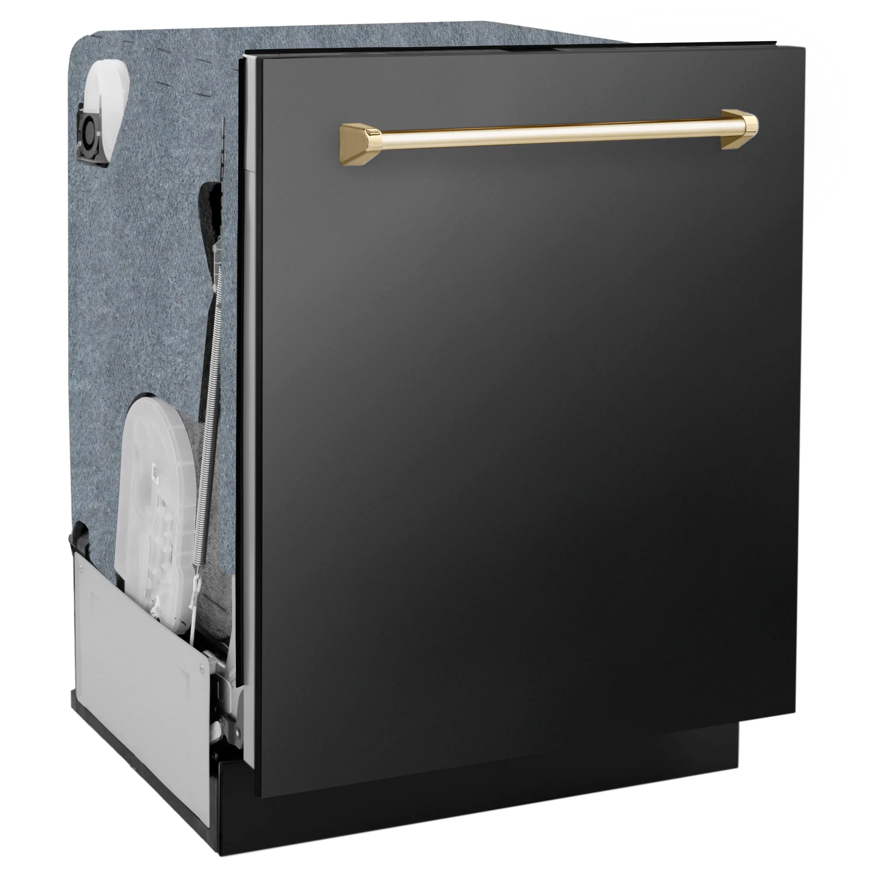 Black stainless steel dishwasher door with gold handle