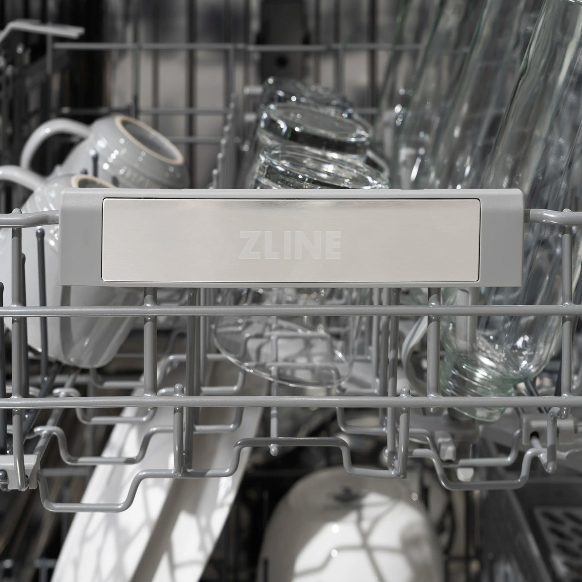 Dishwasher interior third rack with satin stainless tines and ZLINE control panel