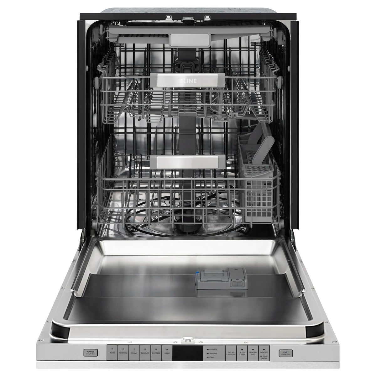 Dishwasher interior with multiple racks and central top dispenser