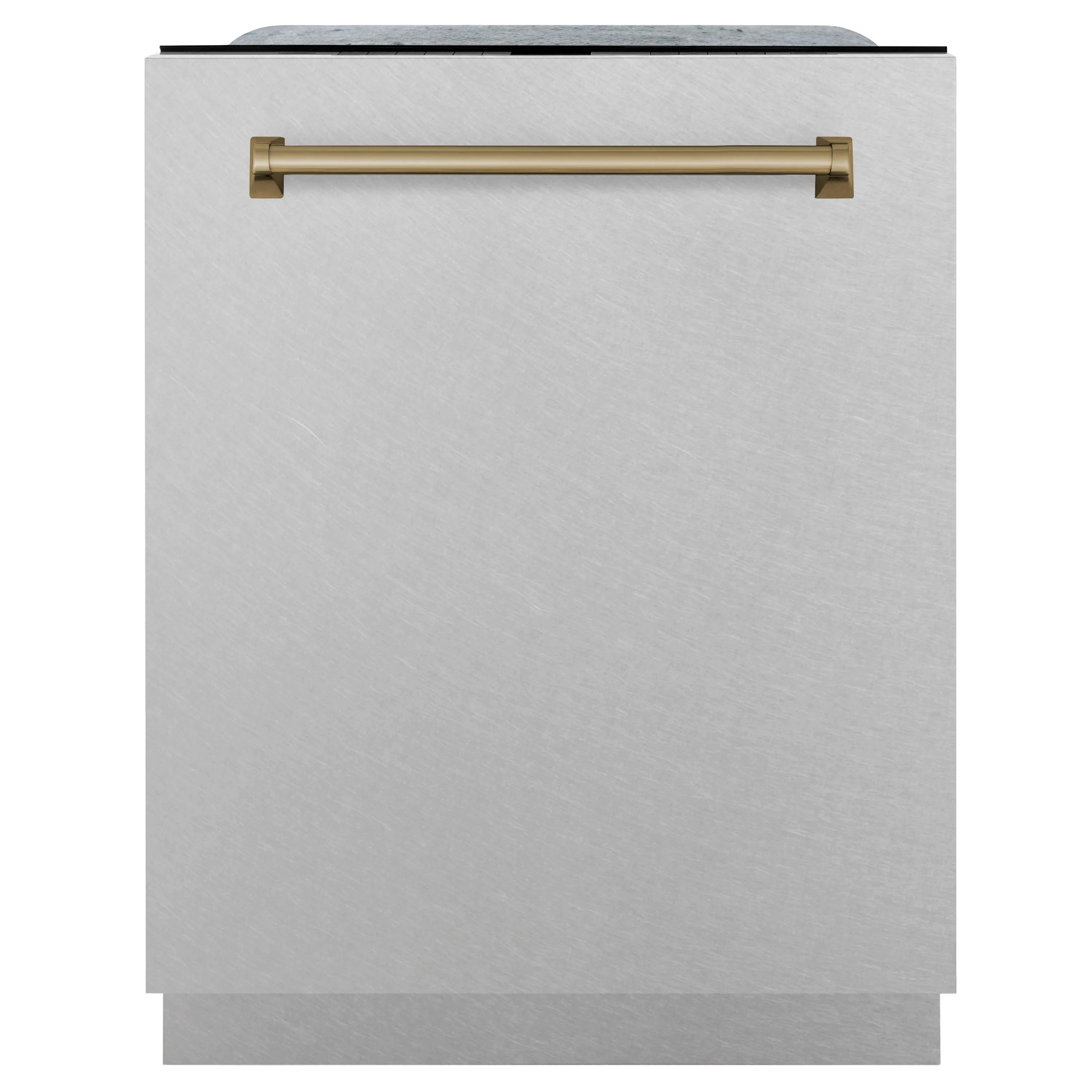 Satin stainless steel dishwasher door with champagne bronze handle