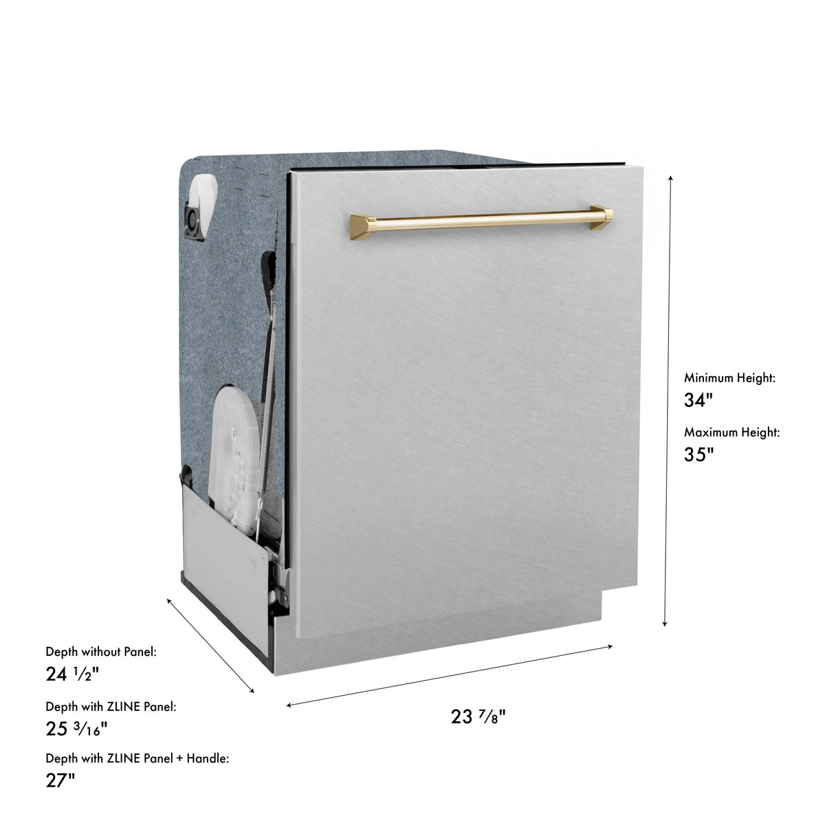 Dishwasher side profile with satin stainless steel door and gold handle
