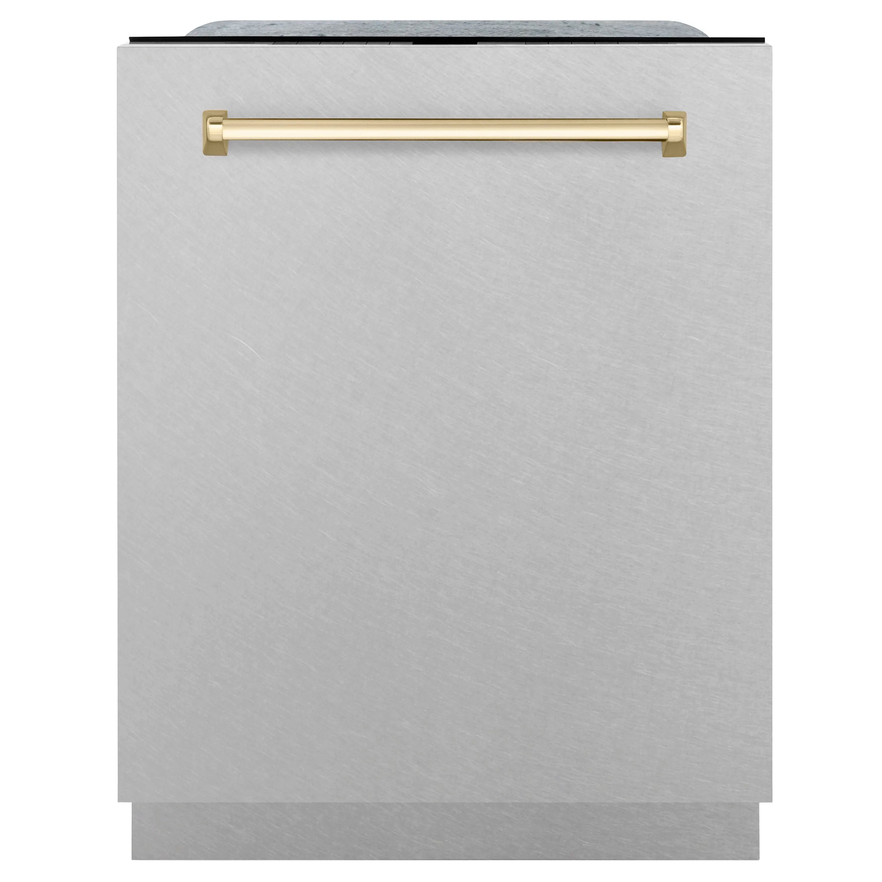 Dishwasher front panel with satin stainless steel finish and gold handle