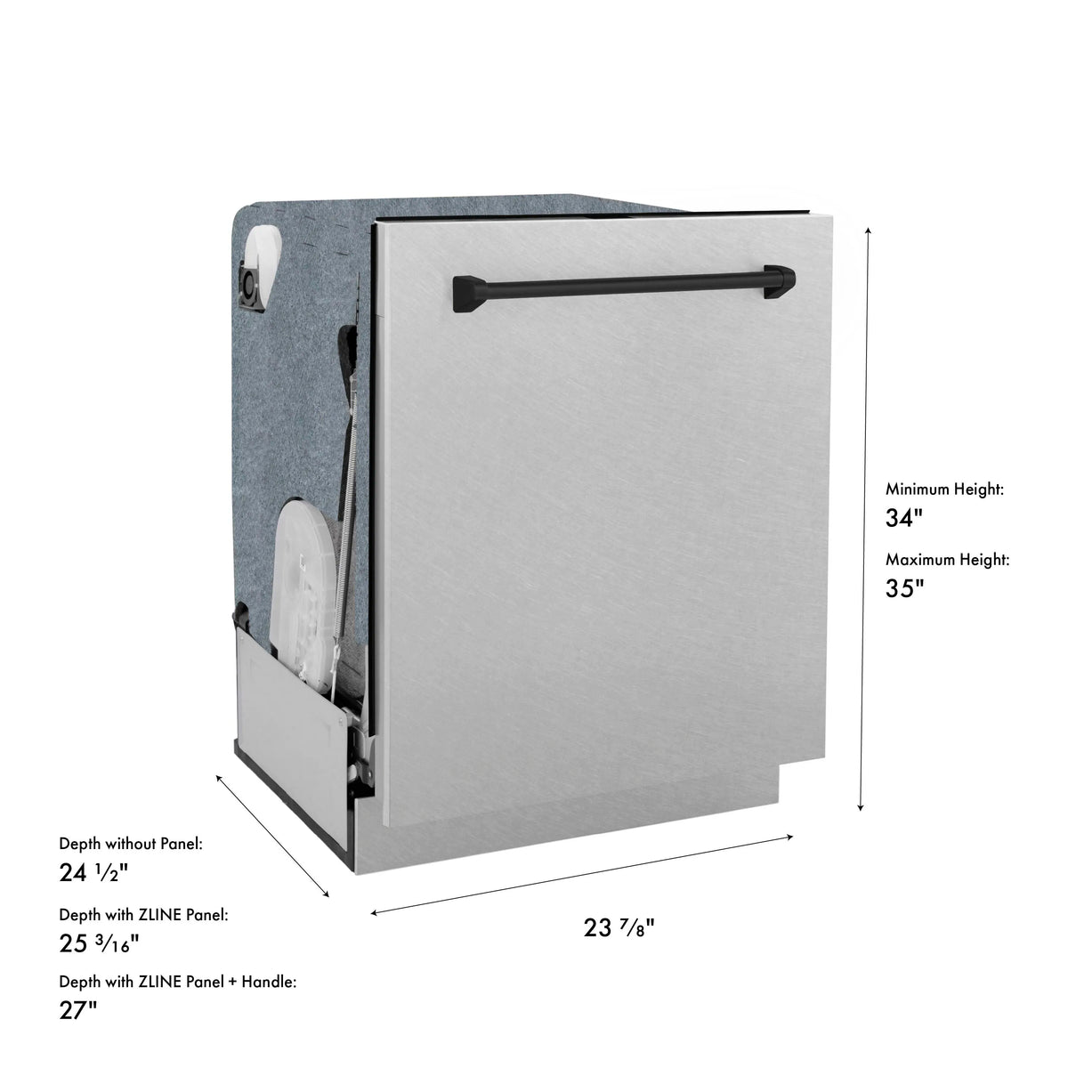 Dishwasher cutout dimensions diagram with matte black top handle