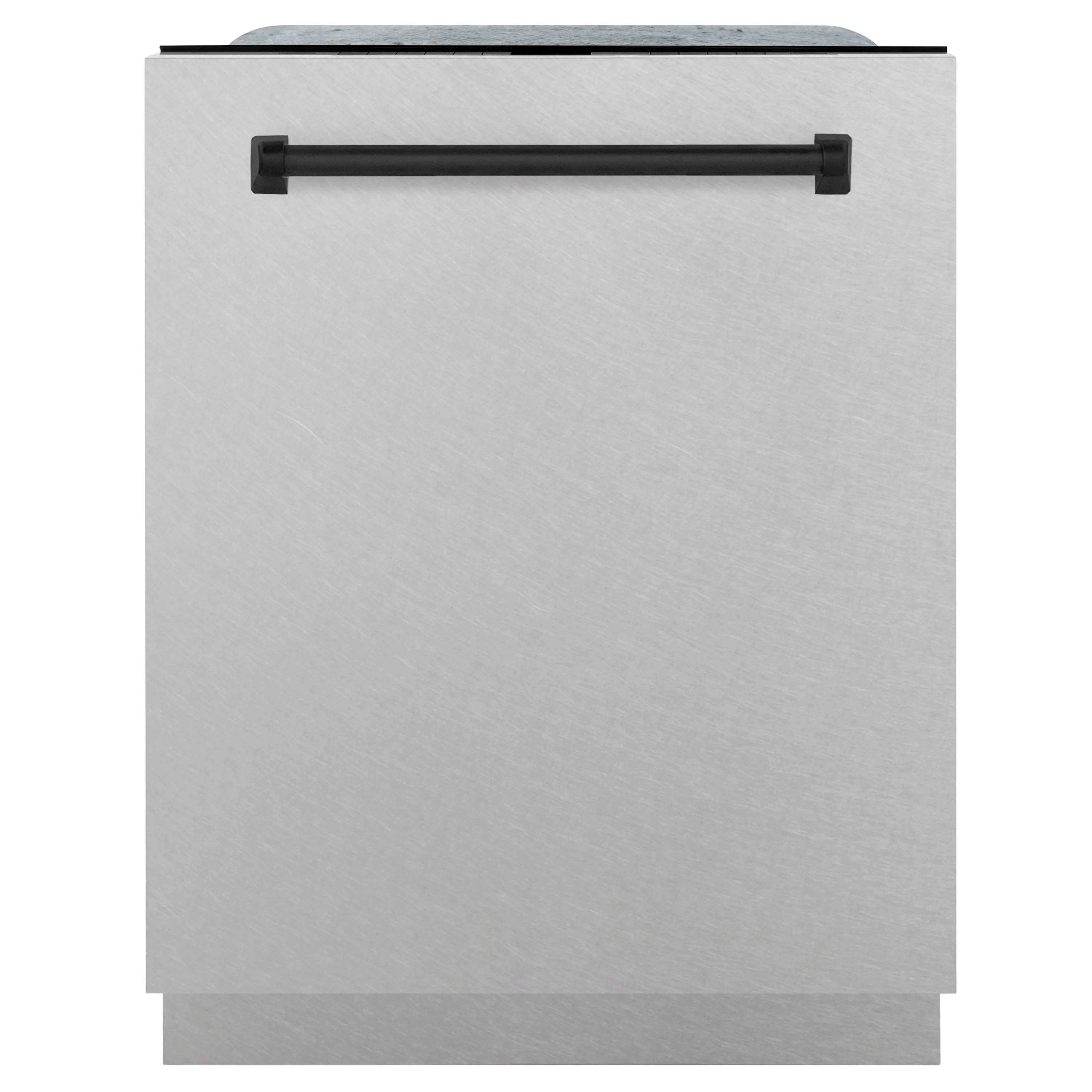 Satin stainless steel dishwasher door front with matte black handle