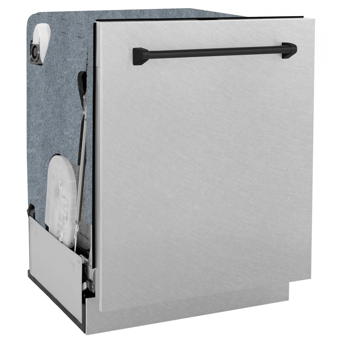Tall tub dishwasher side view with satin stainless door and matte black handle