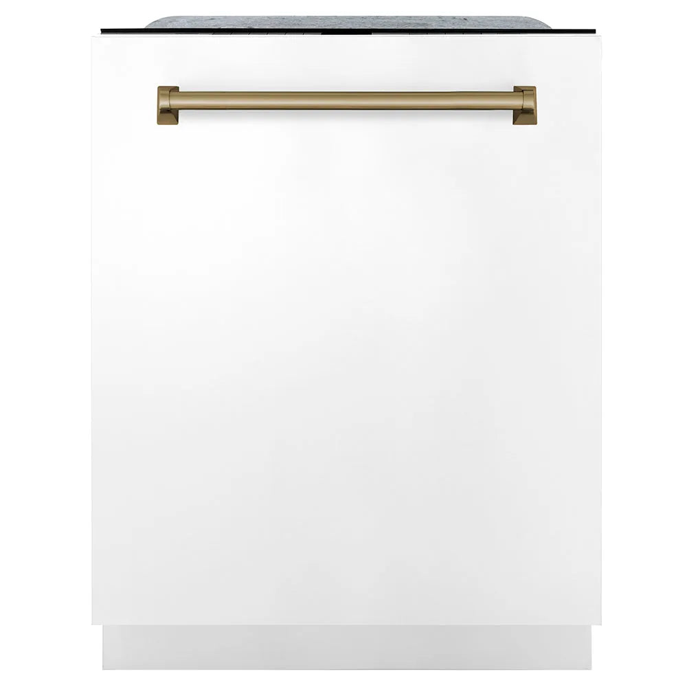 ZLINE Autograph Edition 24-Inch 3rd Rack Top Touch Control  Dishwasher in White Matte with Champagne Bronze Handle, 44 dBa