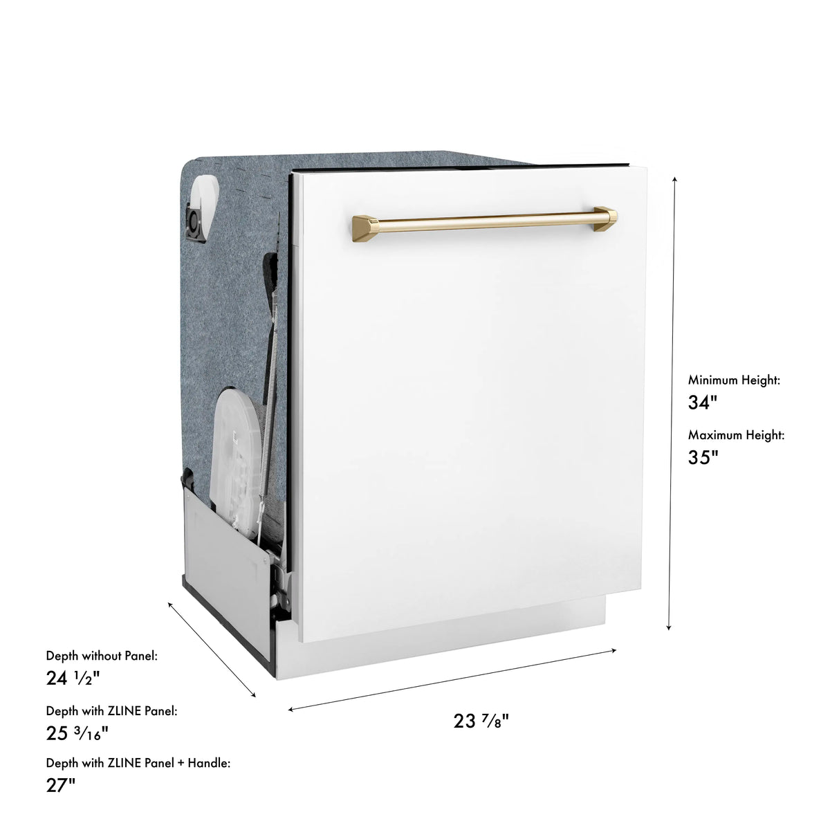White matte built-in dishwasher with gold handle, open door view