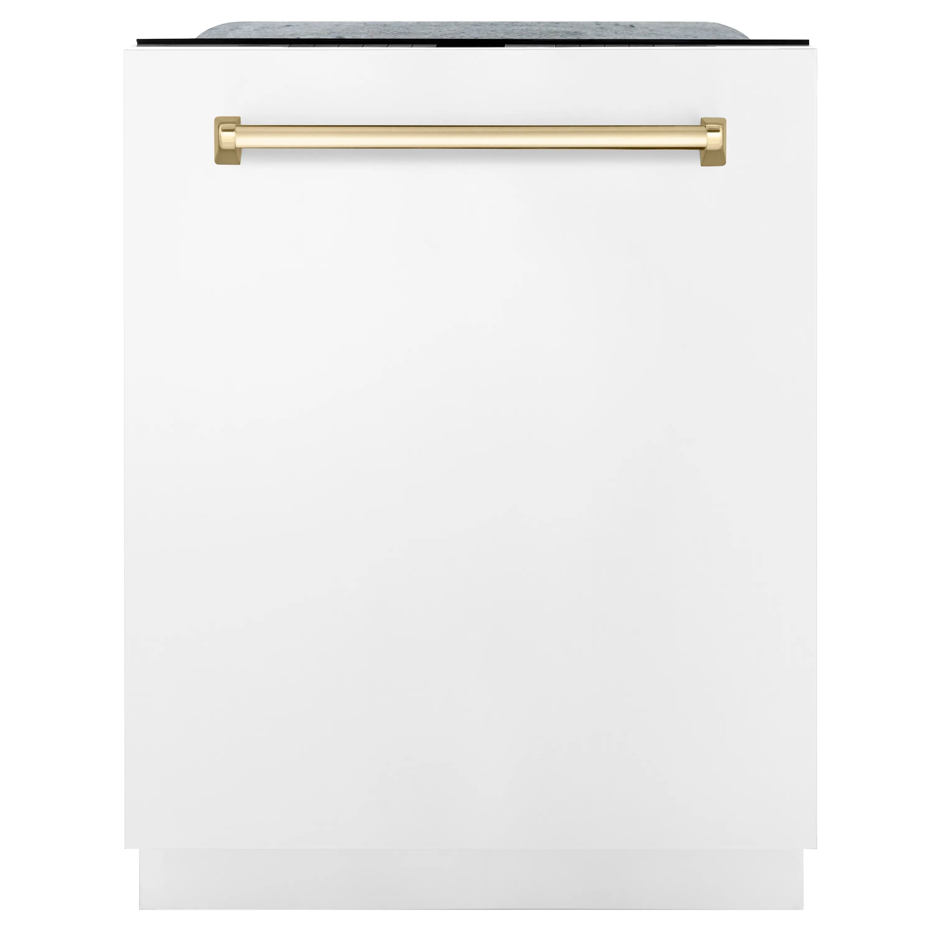 White dishwasher door with horizontal gold handle