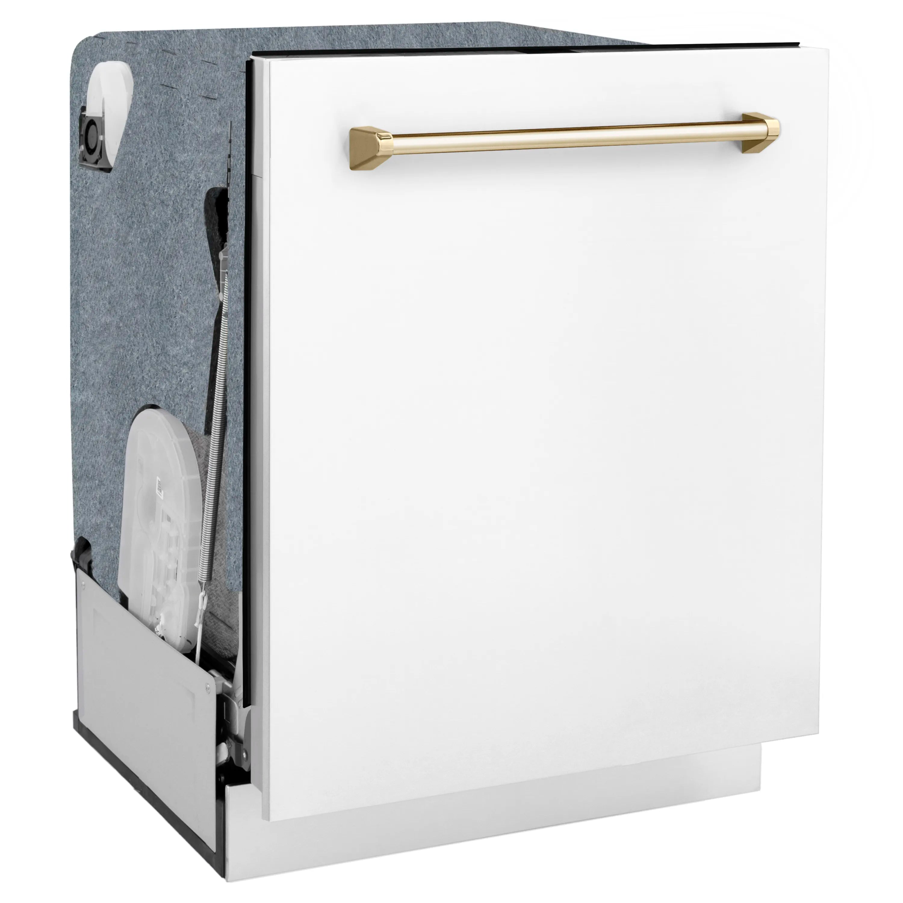 White matte dishwasher with gold handle and left-side door edge detail