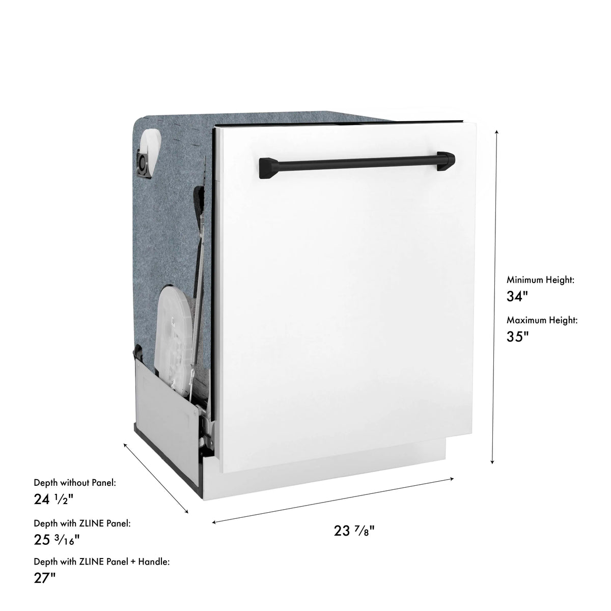 Tall tub dishwasher door opening dimension diagram with handle