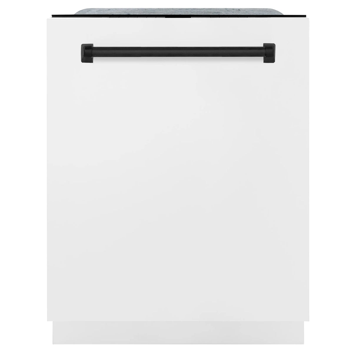 White matte dishwasher front with matte black horizontal handle and closed door