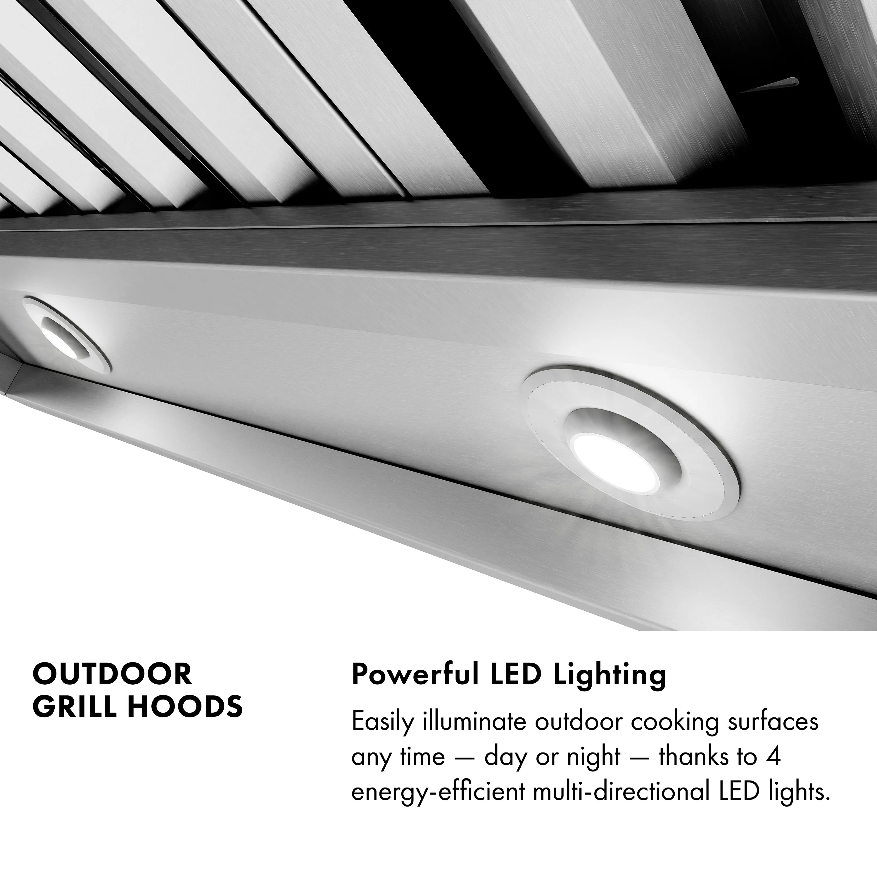 Stainless outdoor grill hood underside with circular LED lighting openings