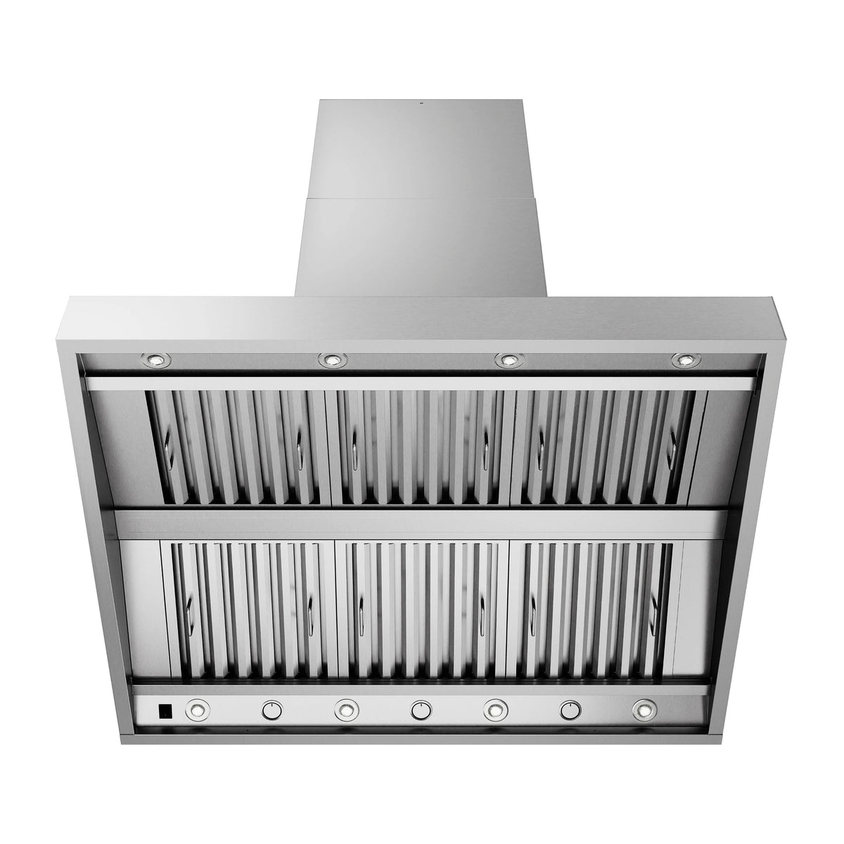 Stainless outdoor grill hood front panel with vent baffle and round light controls