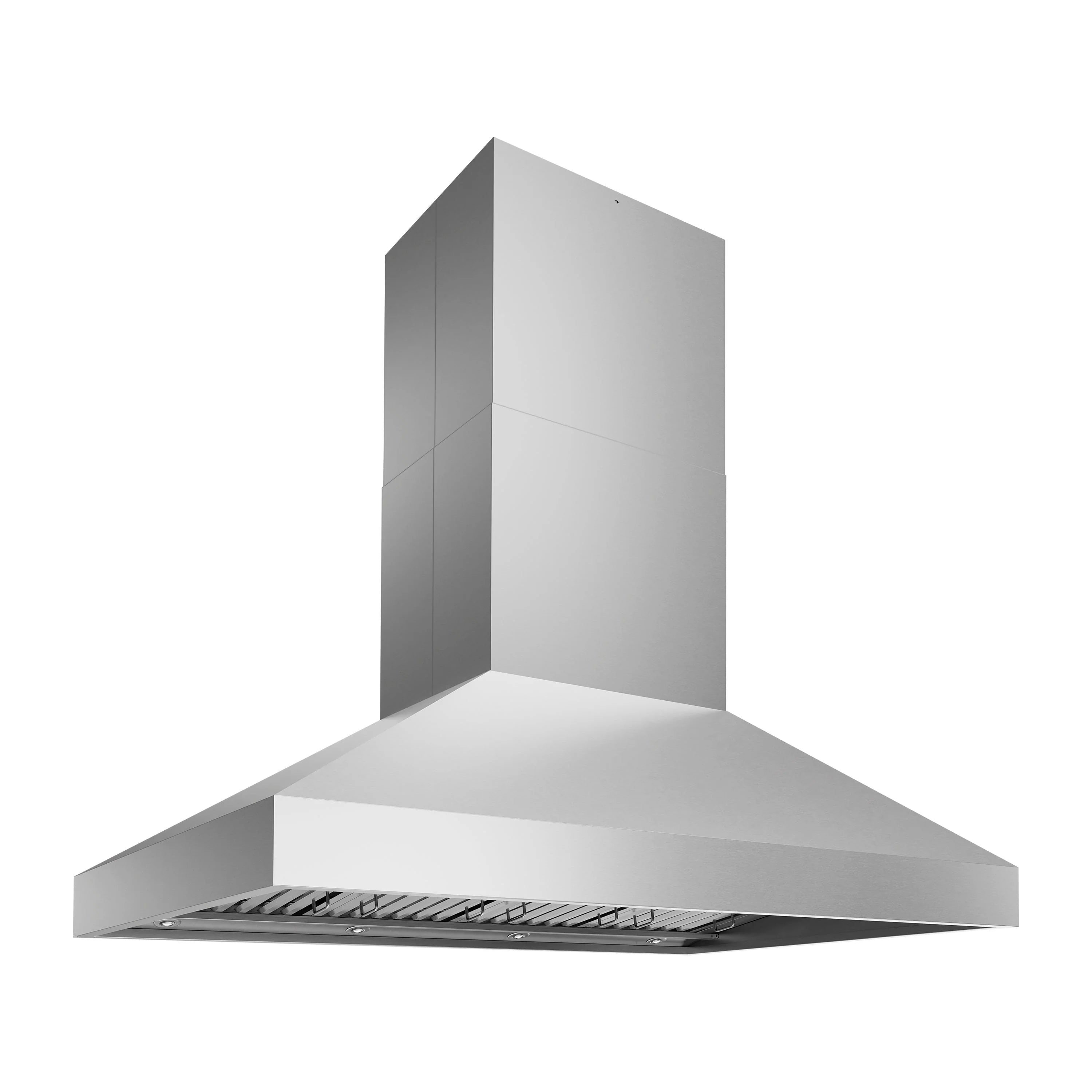 Outdoor grill hood with wide chimney canopy and vertical back chimney section