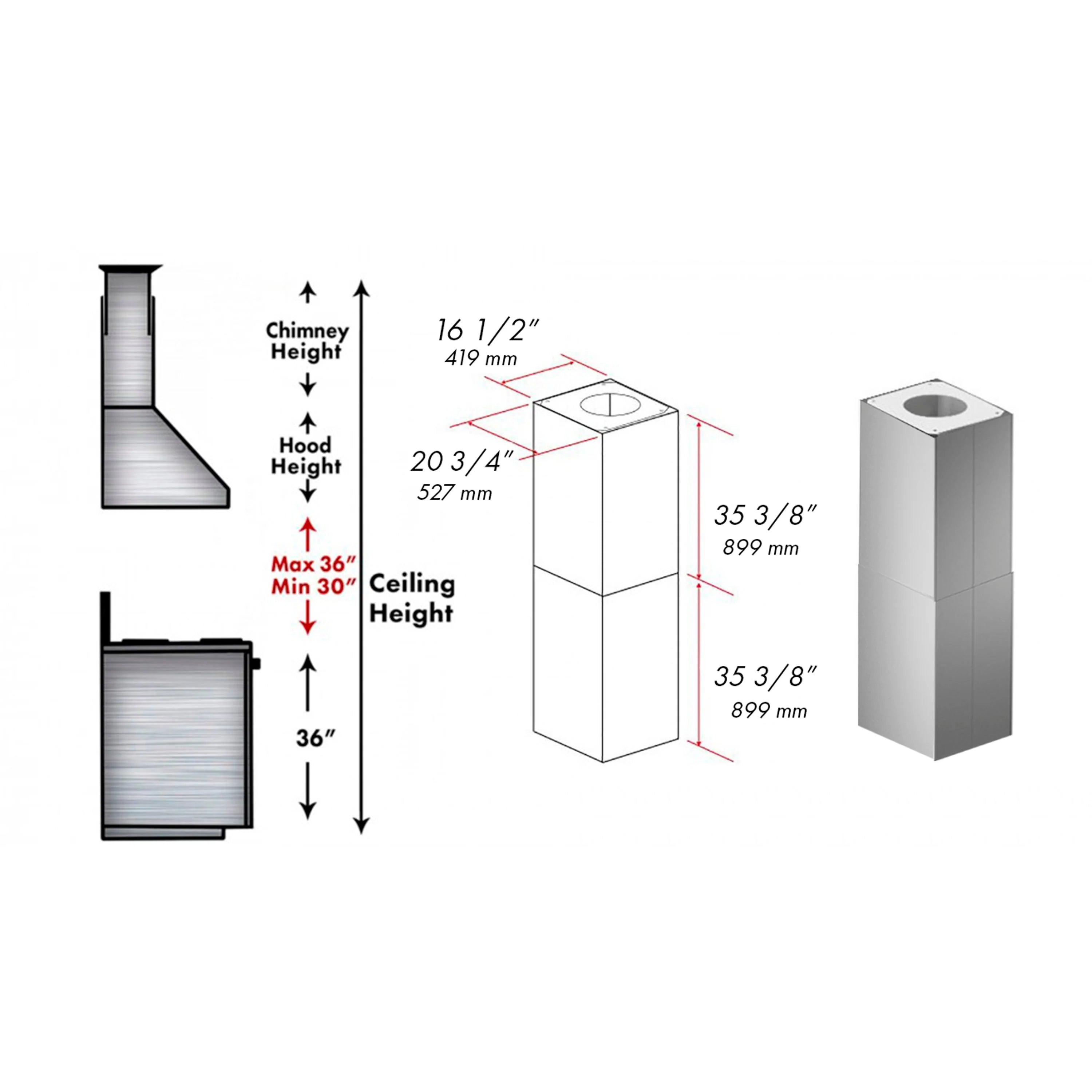 Stainless steel chimney extension set for island grill hood, tall rectangular duct cover.