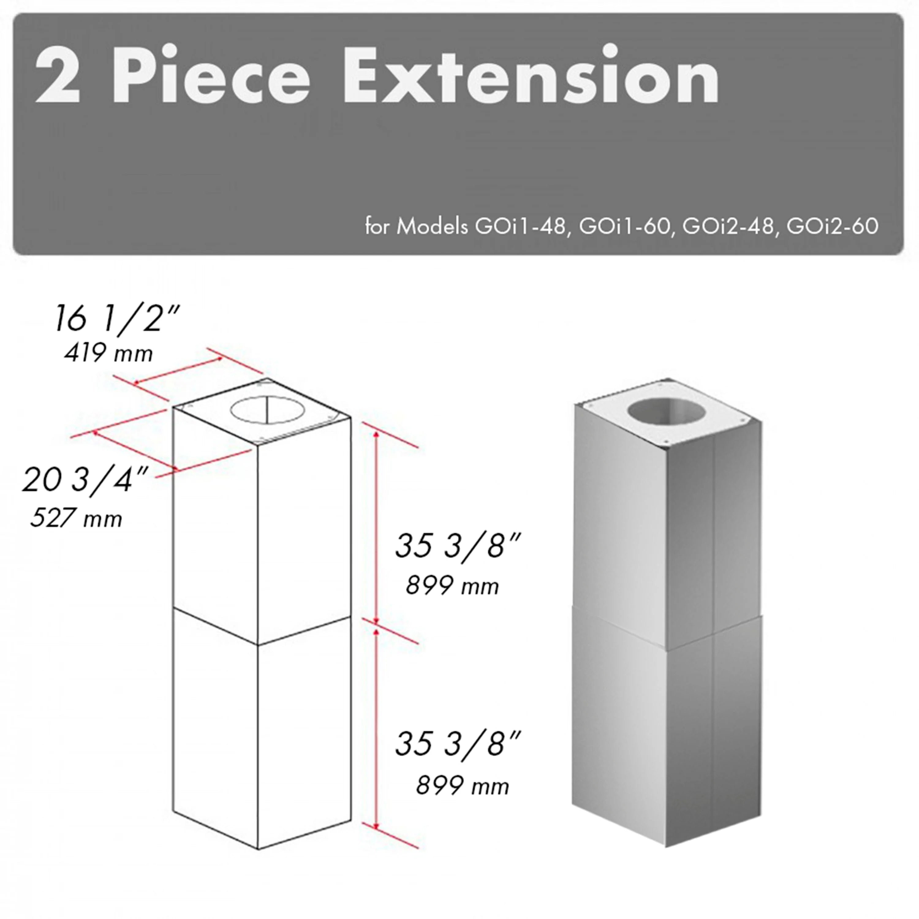 Stainless steel 2-piece chimney extension, rectangular sleeve with top flue opening.