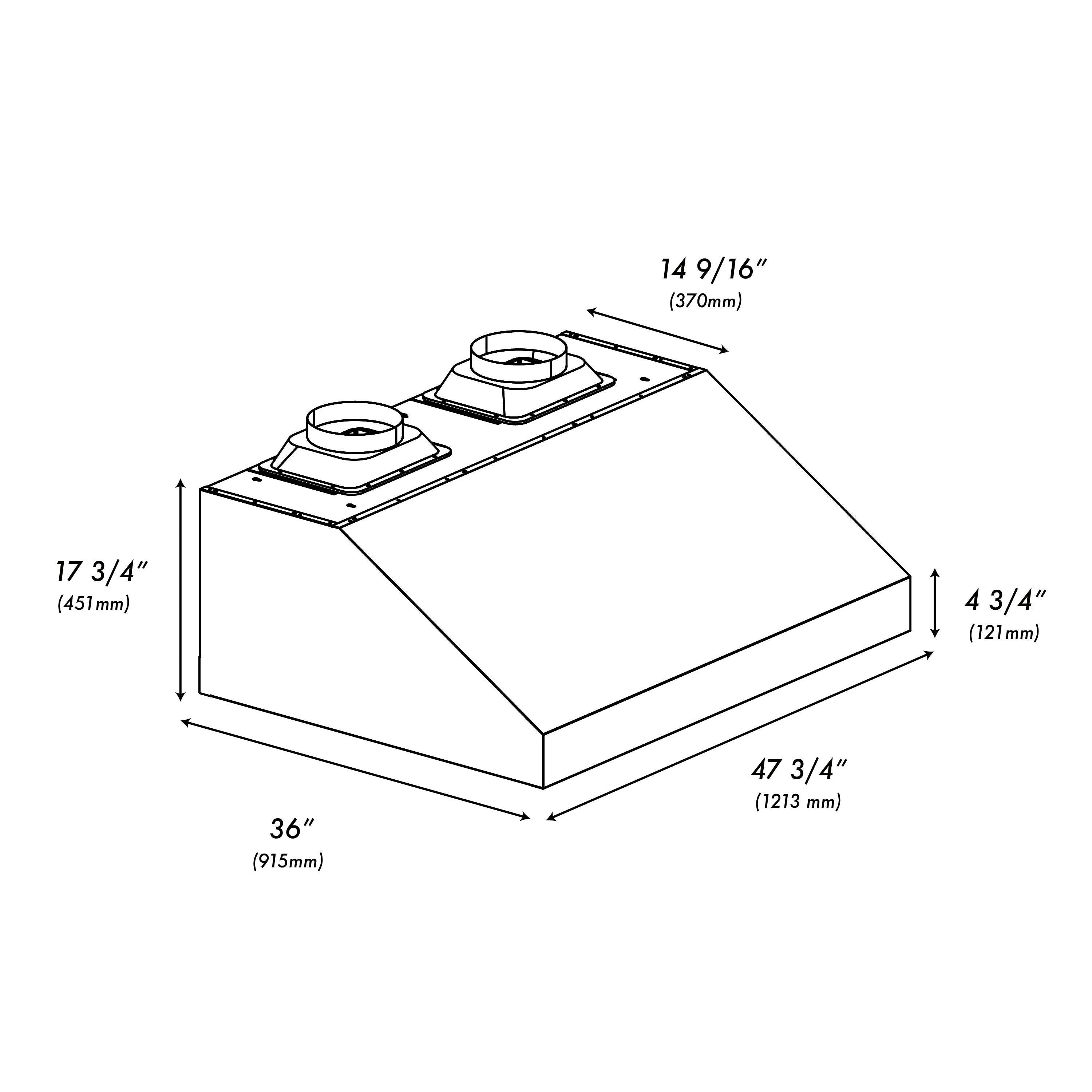 Outdoor grill hood dimensions diagram: 36 in wide, 47 3/4 in deep