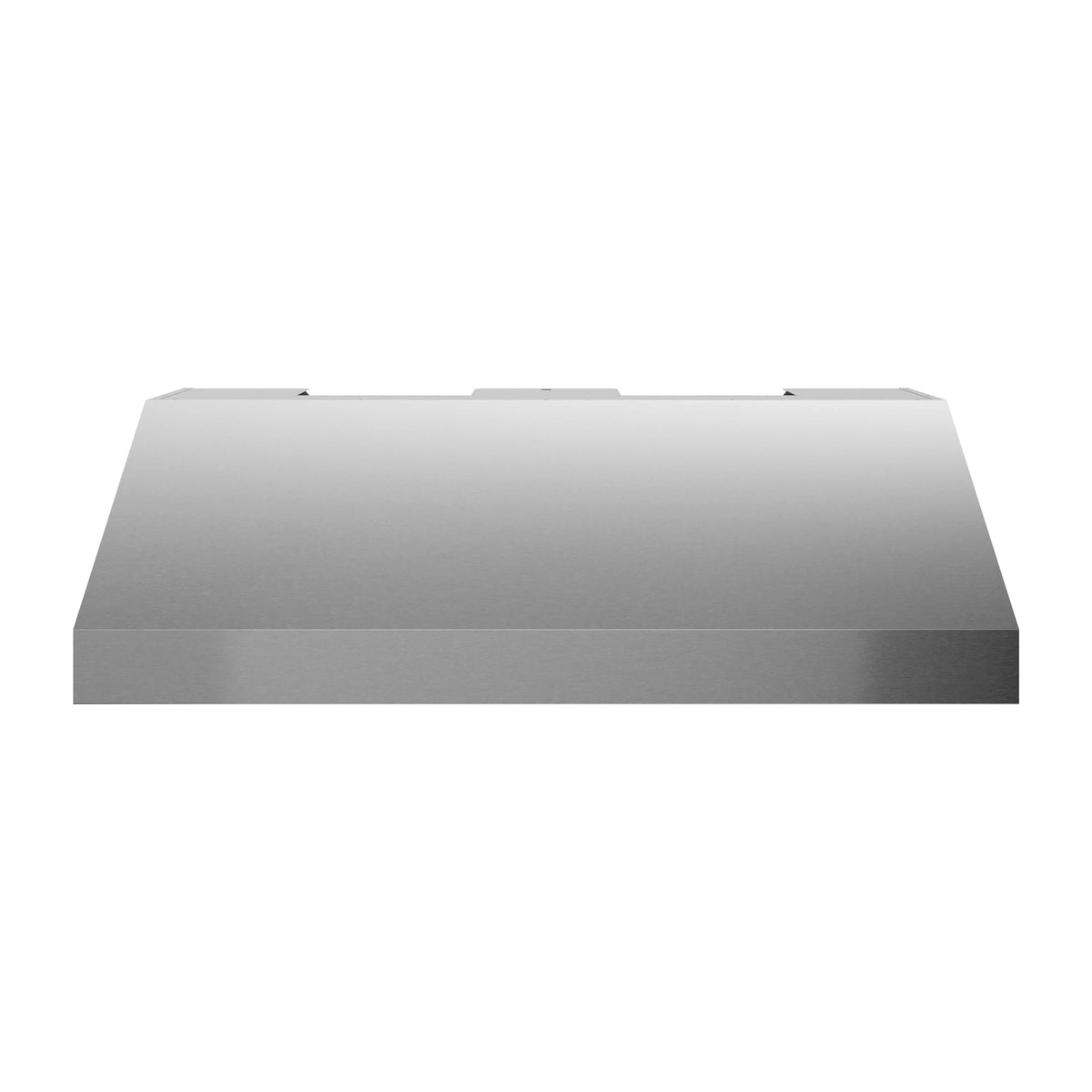 Stainless outdoor grill hood front view with rectangular canopy and underside lip