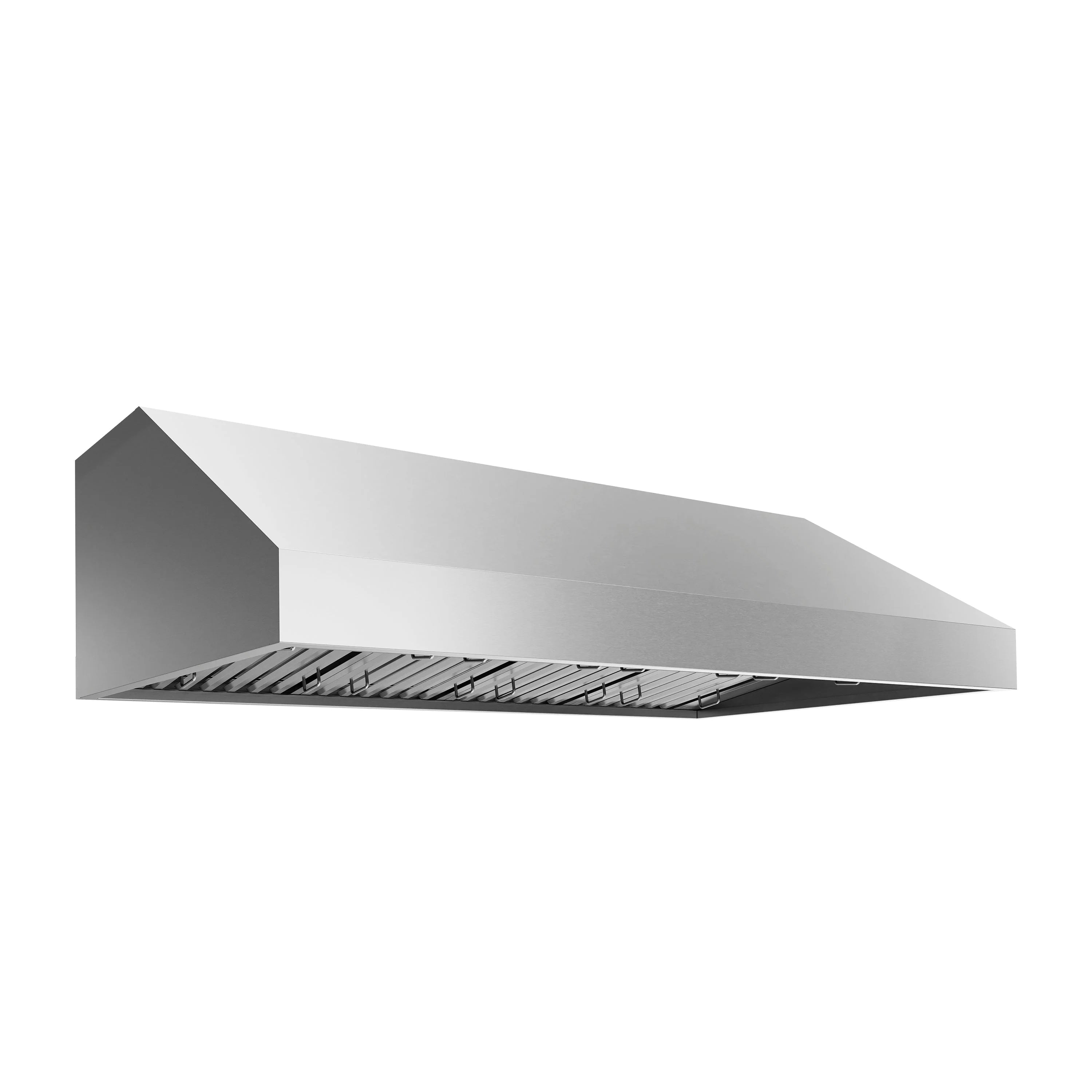 Side view of stainless outdoor grill hood canopy with vent opening