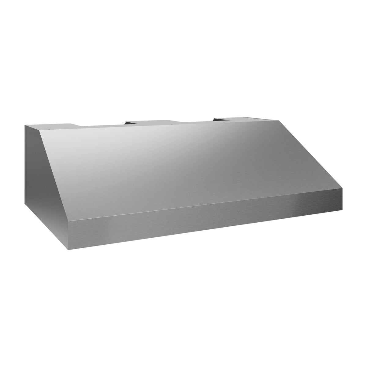 Stainless outdoor grill hood angled end view with rectangular canopy