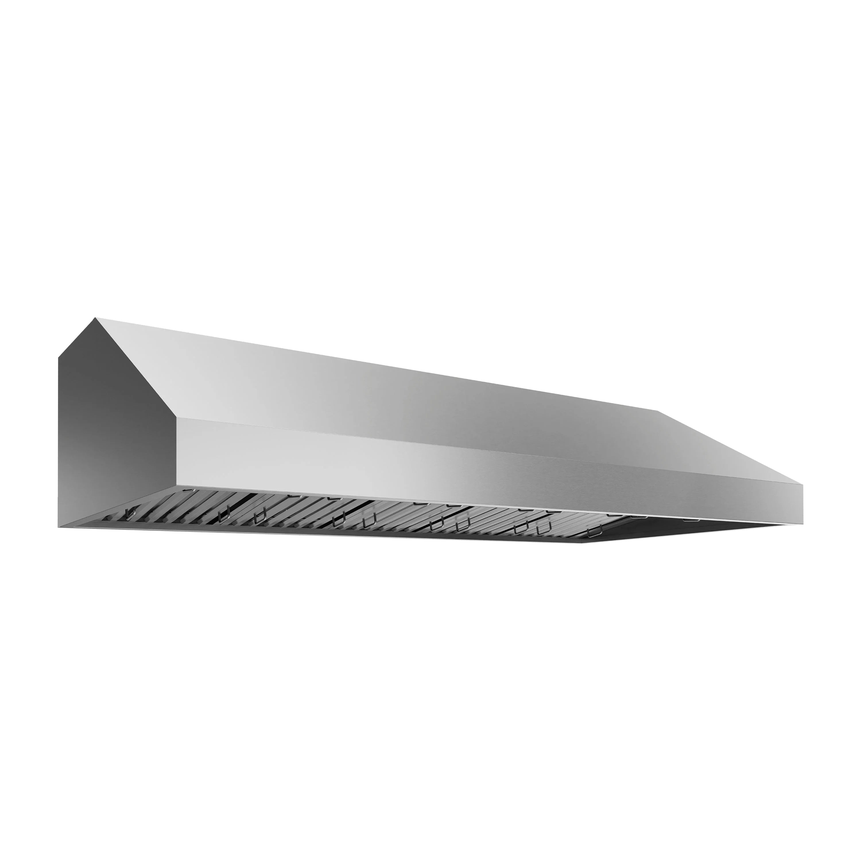 Stainless steel grill hood with sloped chimney and open vent outlet