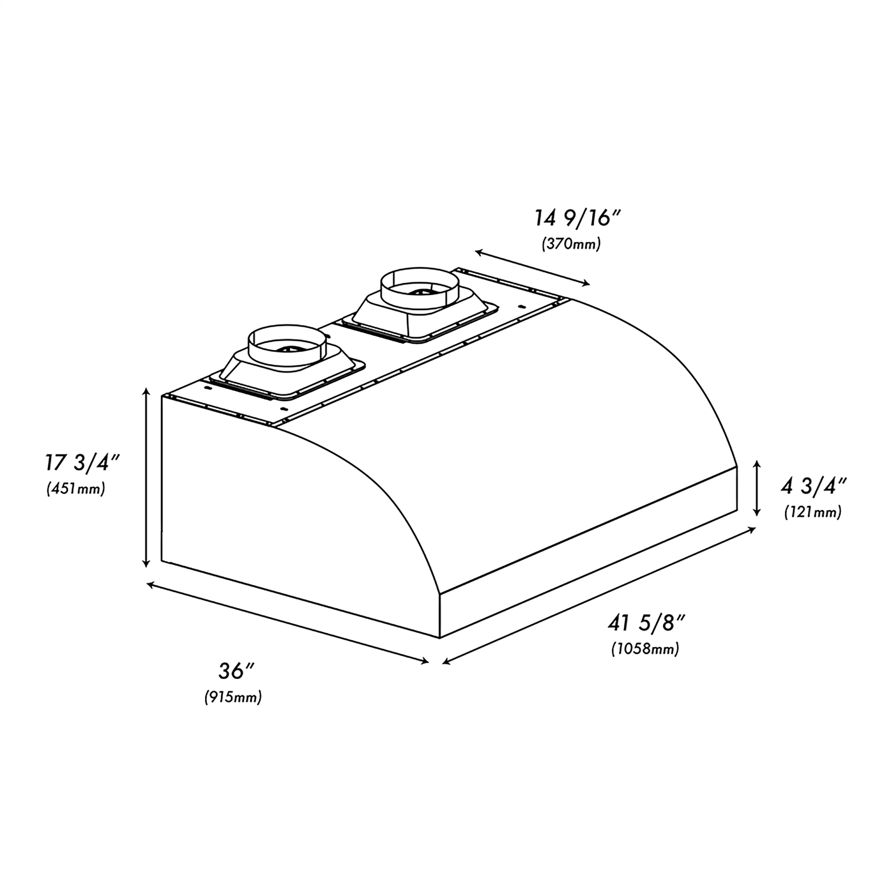 Outdoor grill hood dimensional diagram with two cooktop cutouts and measurements
