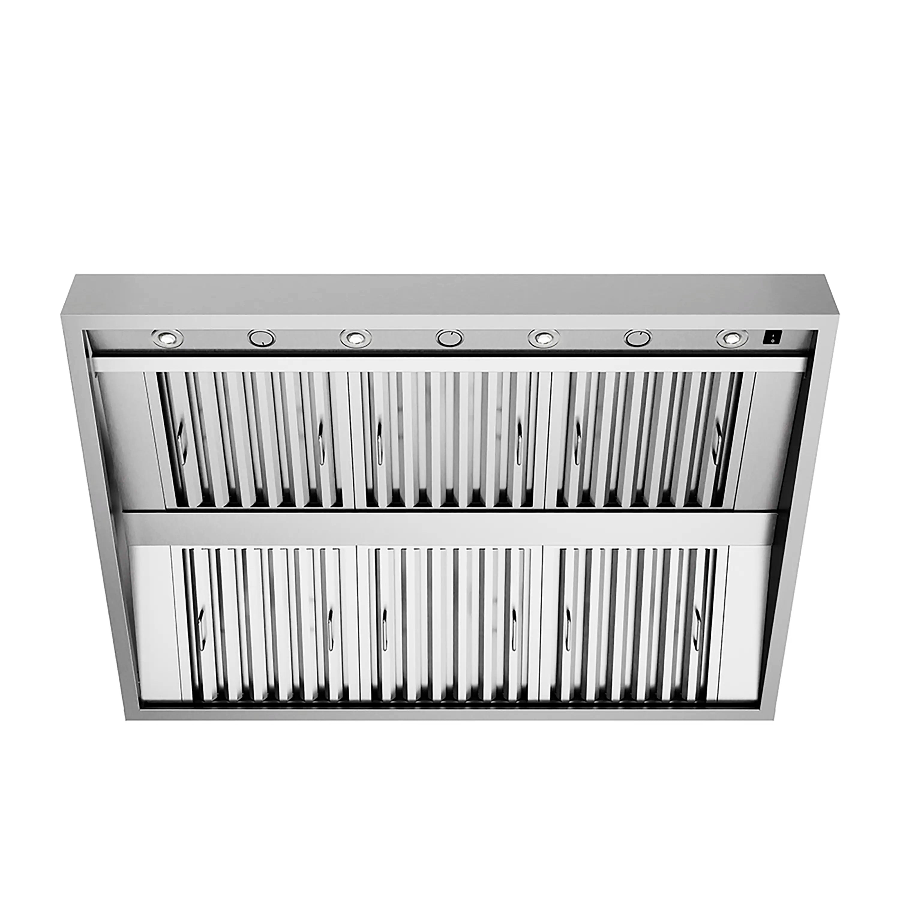 Outdoor grill hood front with stainless baffle vents and a row of control buttons