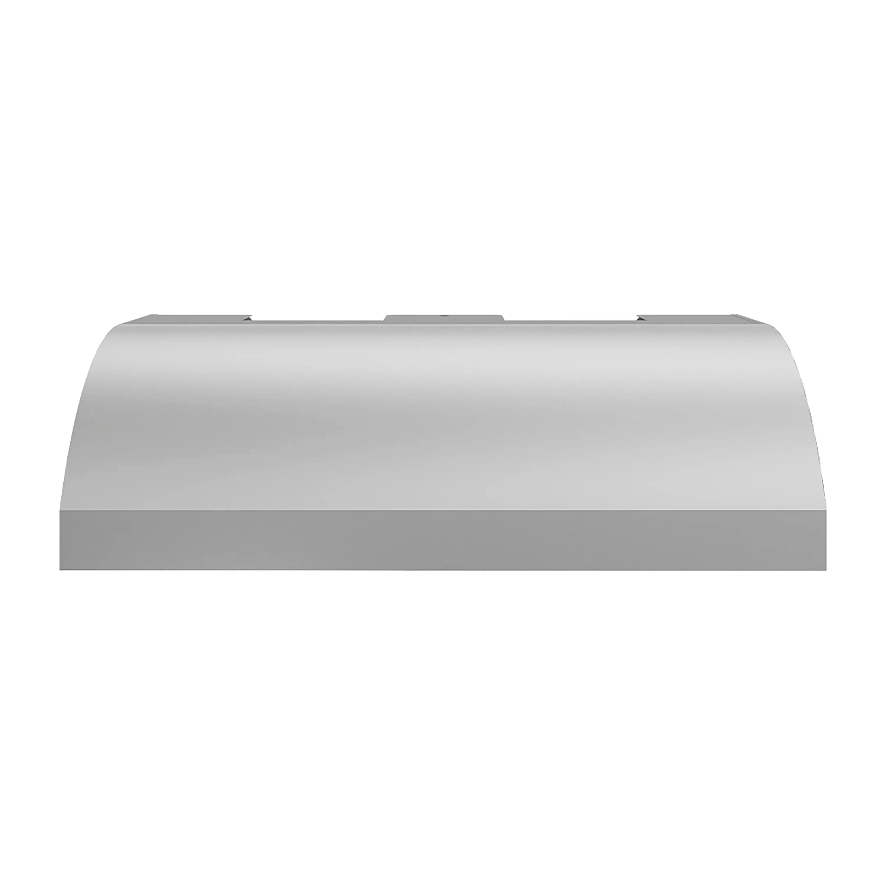Stainless under-cabinet grill hood canopy with curved front housing