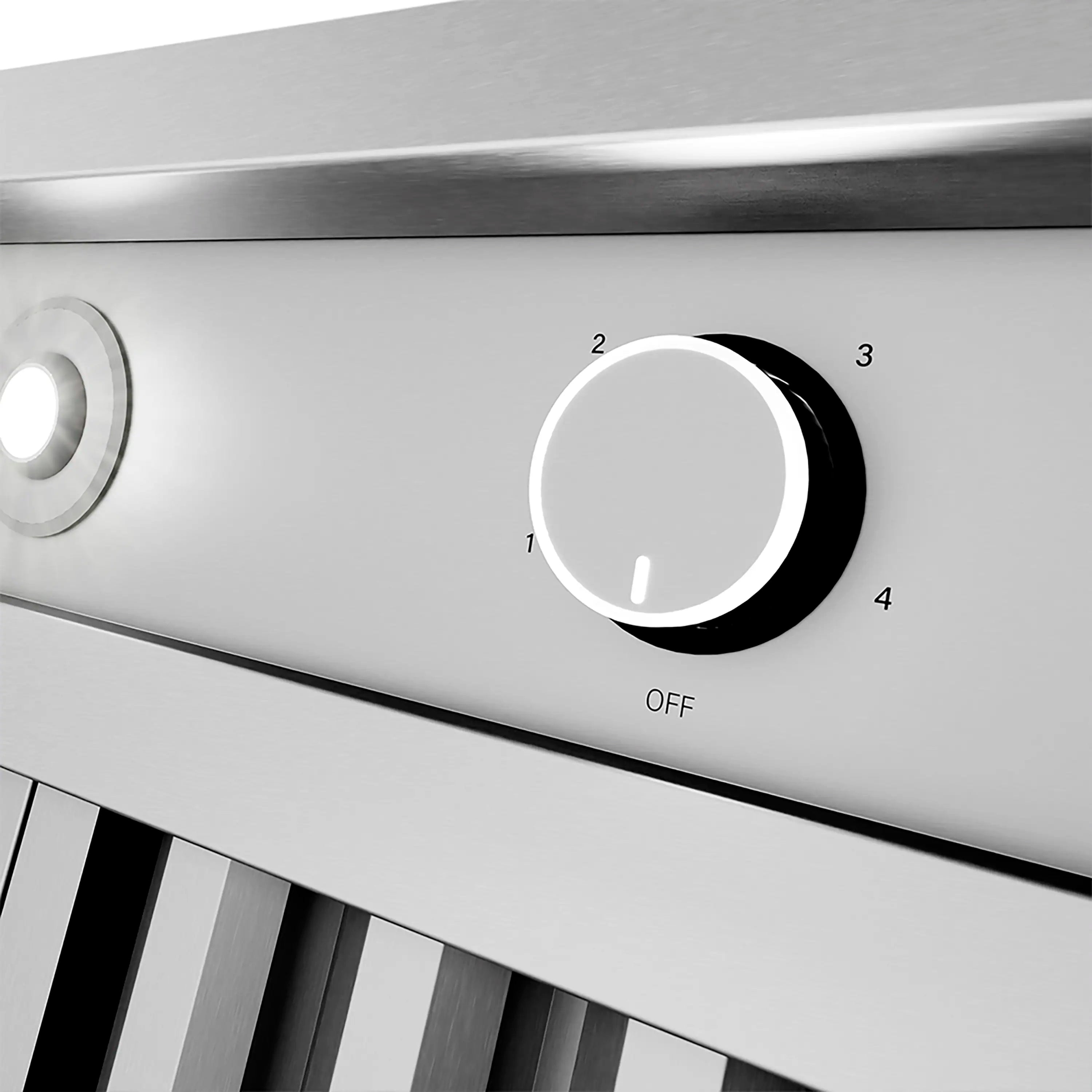 Stainless outdoor grill hood front panel with circular LED light housing and control marks