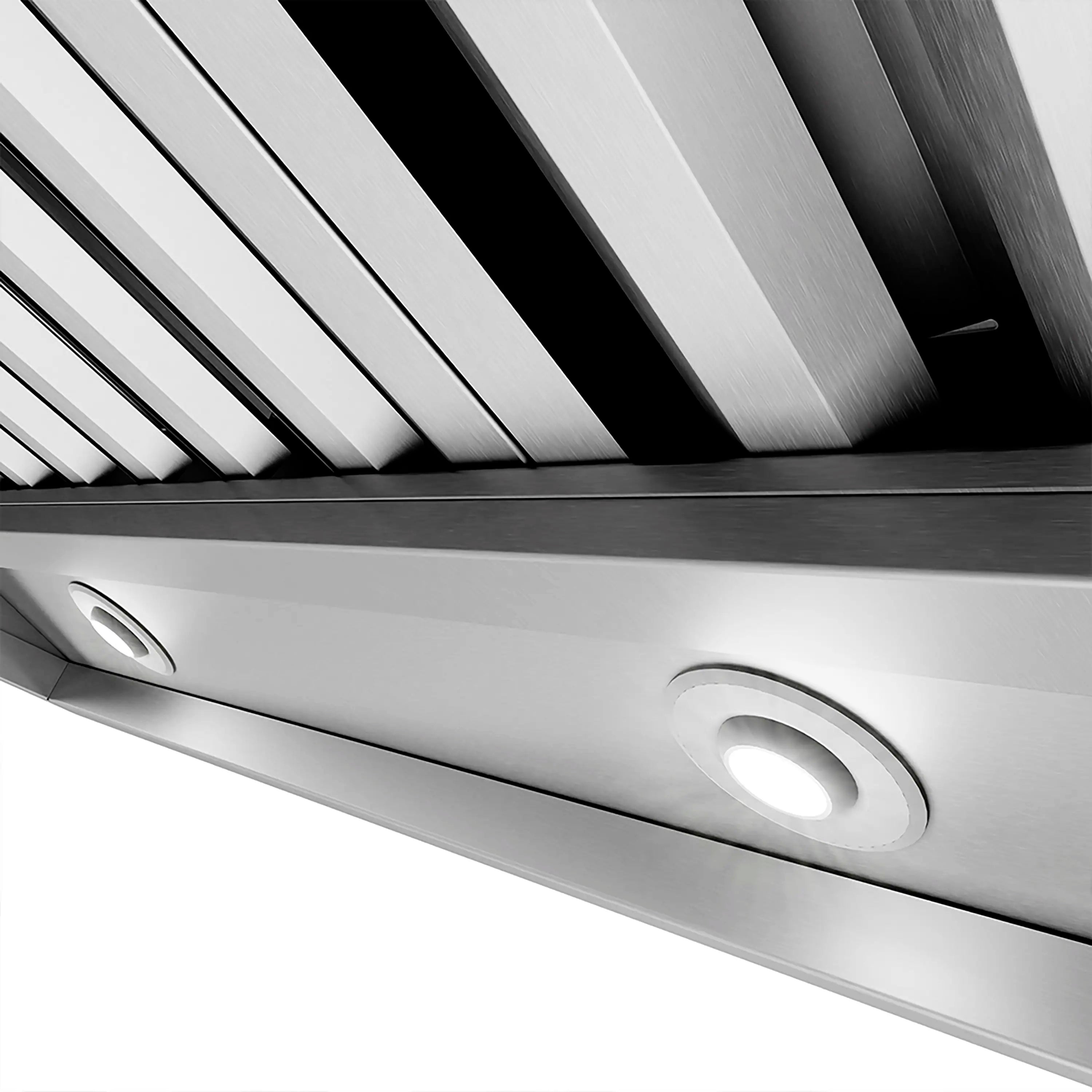 Stainless outdoor grill hood underside with parallel baffle vents