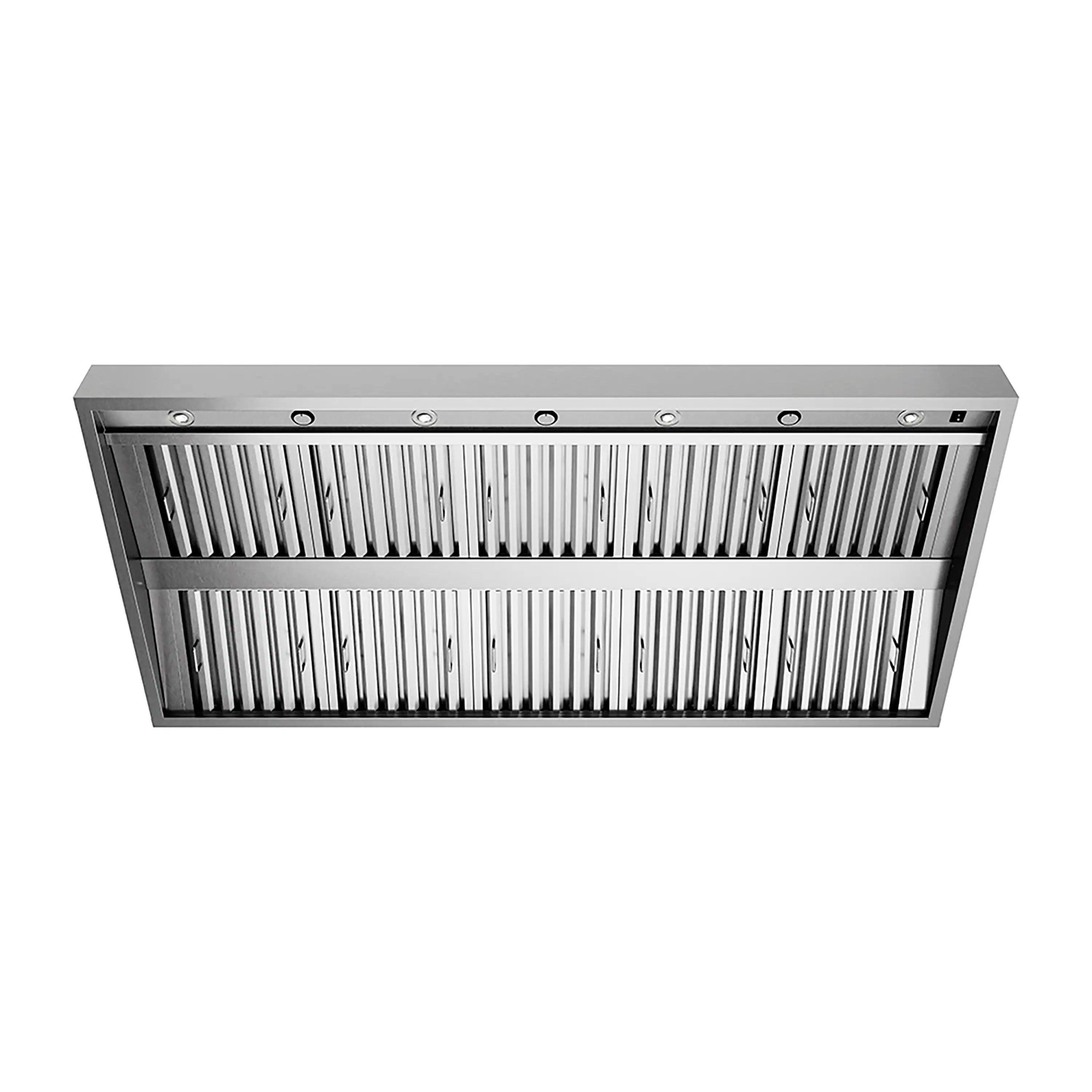 Stainless under-cabinet outdoor grill hood with vented grille and metal canopy, front view