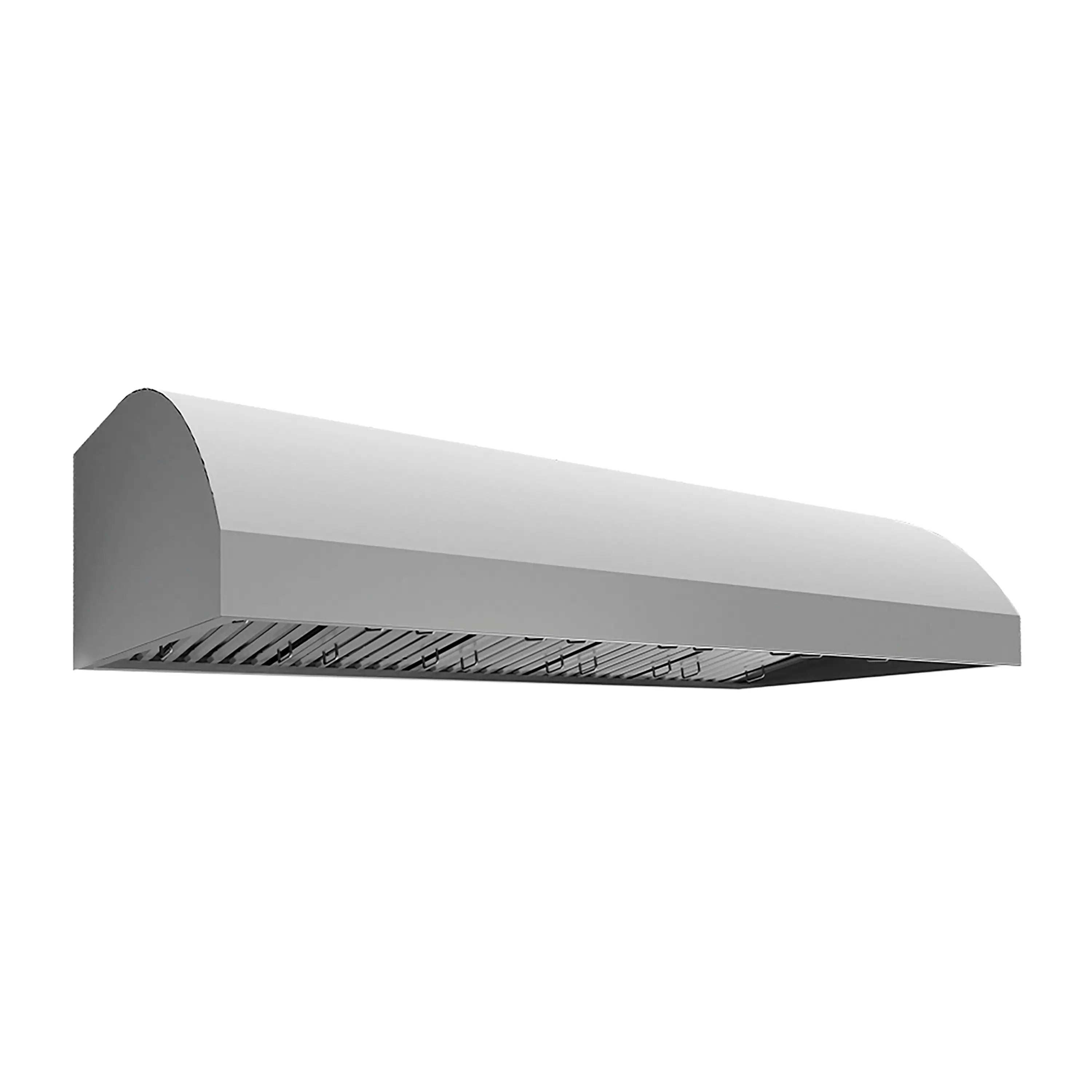 Under-cabinet outdoor grill hood with vented underside and grille detail.