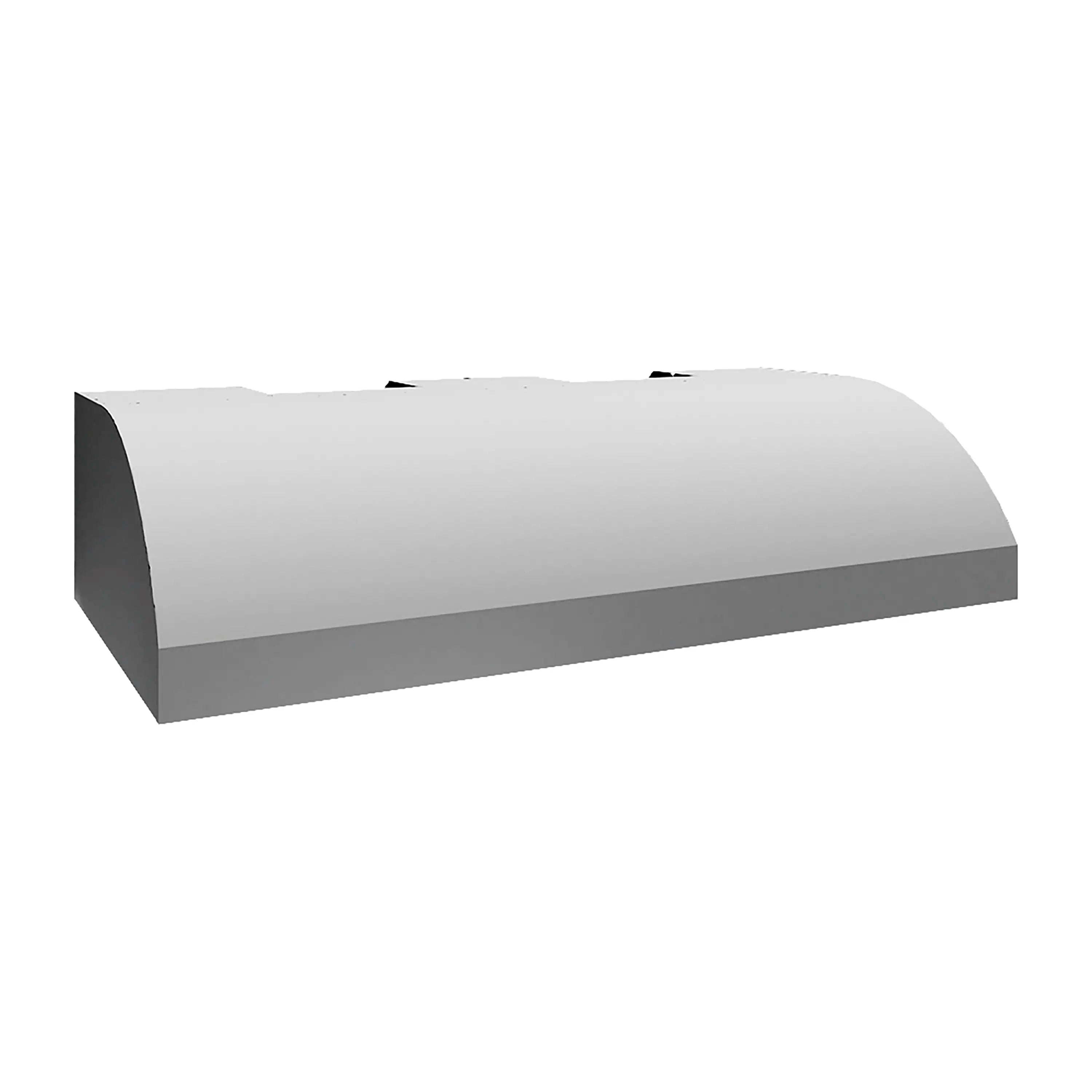 Outdoor grill hood with smooth rectangular canopy, light gray finish.