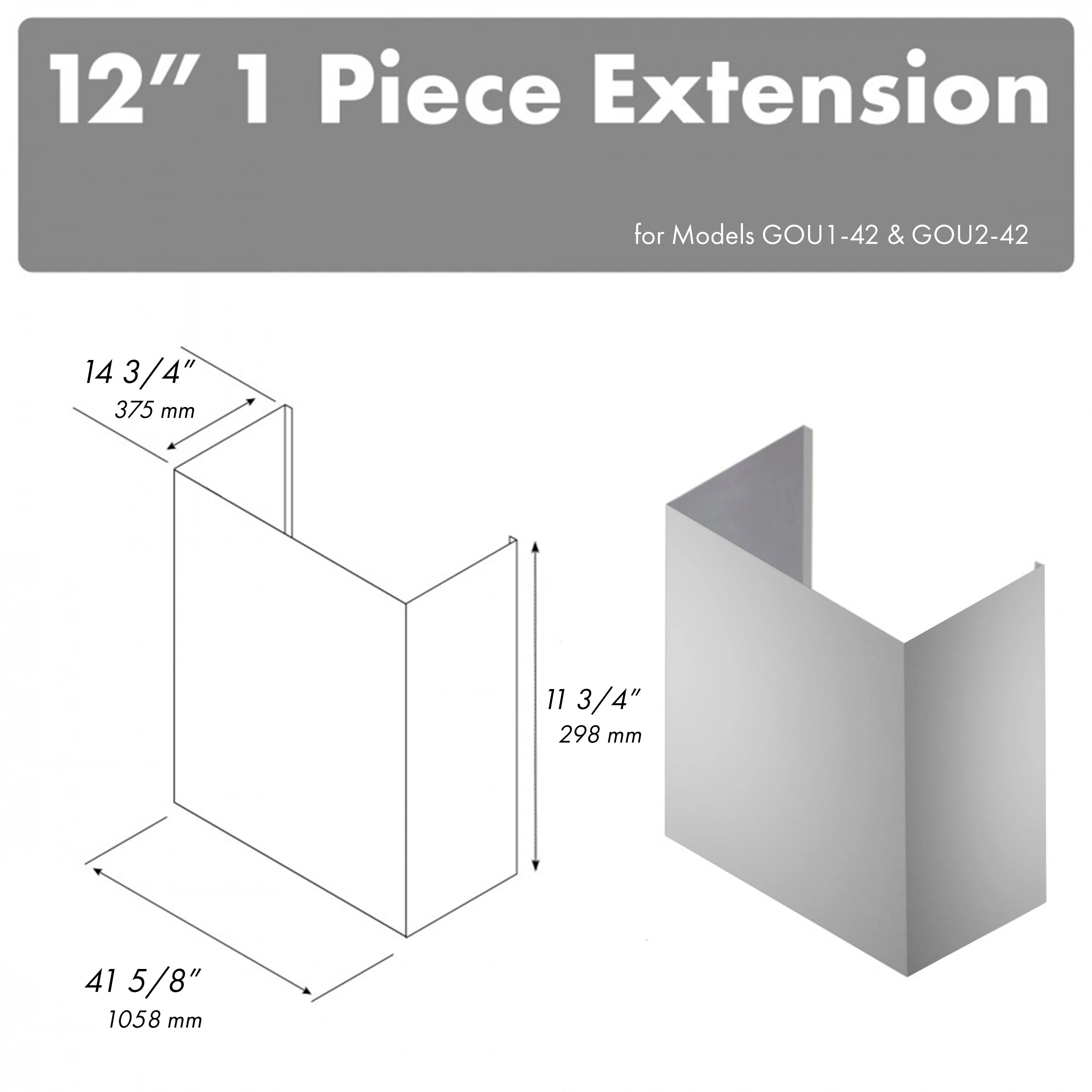ZLINE 12-inch chimney extension for outdoor grill hood, brushed metal duct panel, angled view