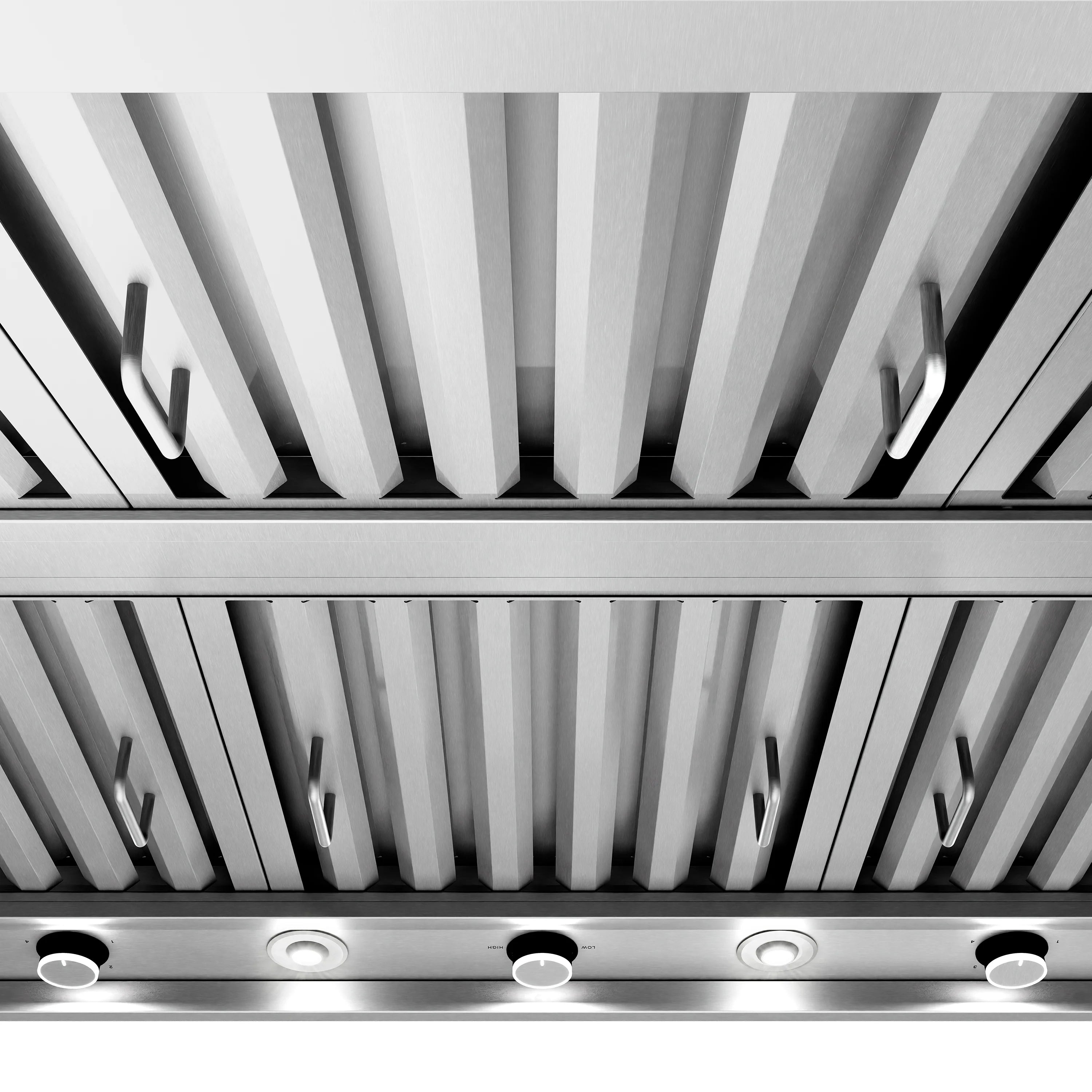 Stainless steel wall-mount grill hood with round knobs and built-in lights